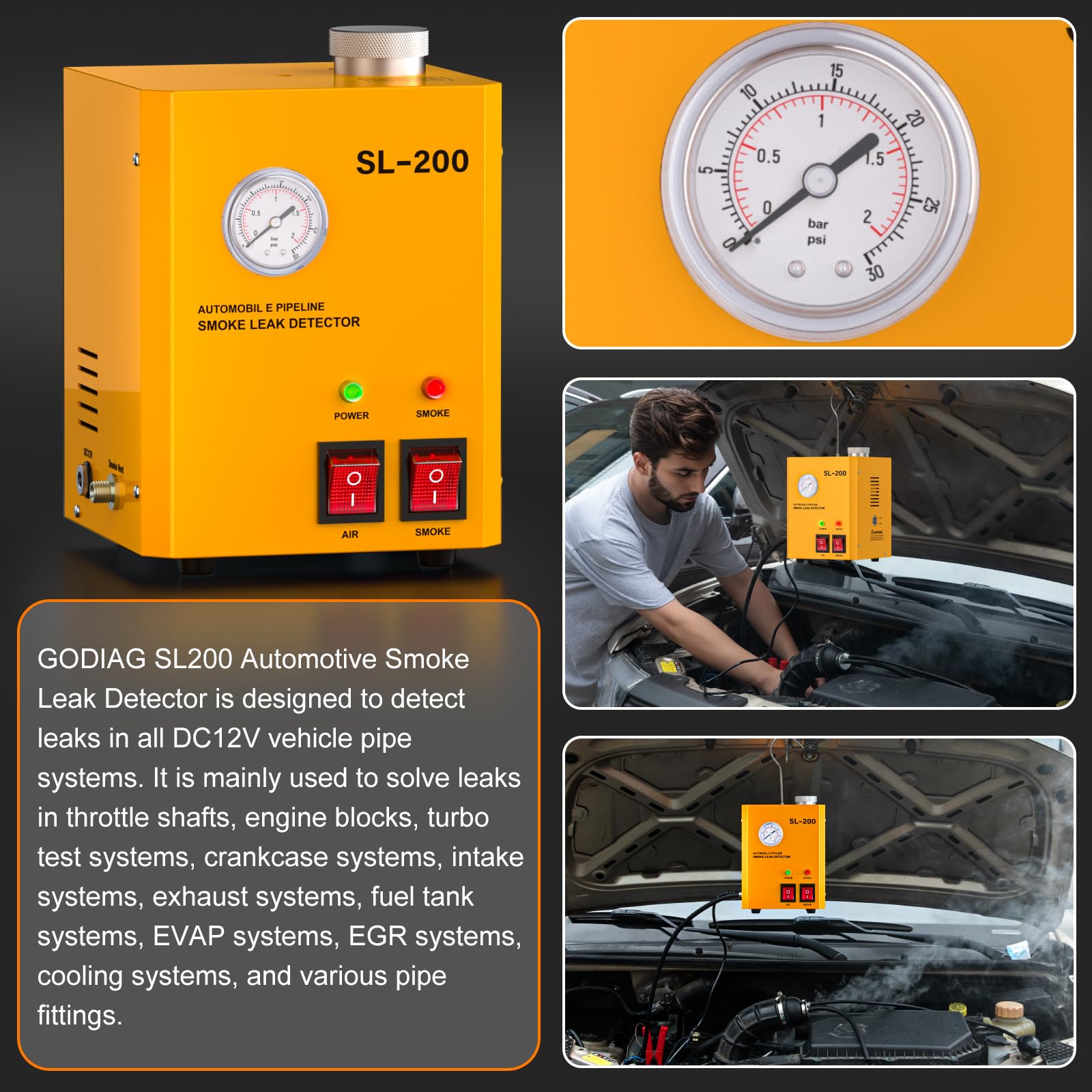 GODIAG SL200 Máquina de Humo Coche Maquina de Humo para Coche con Manómetro Detector Fugas Humo con Bomba de Aire Incorporada máquina Humo Coche para Coches 12V, ATVs, Motos, Motos de Nieve y Barcos