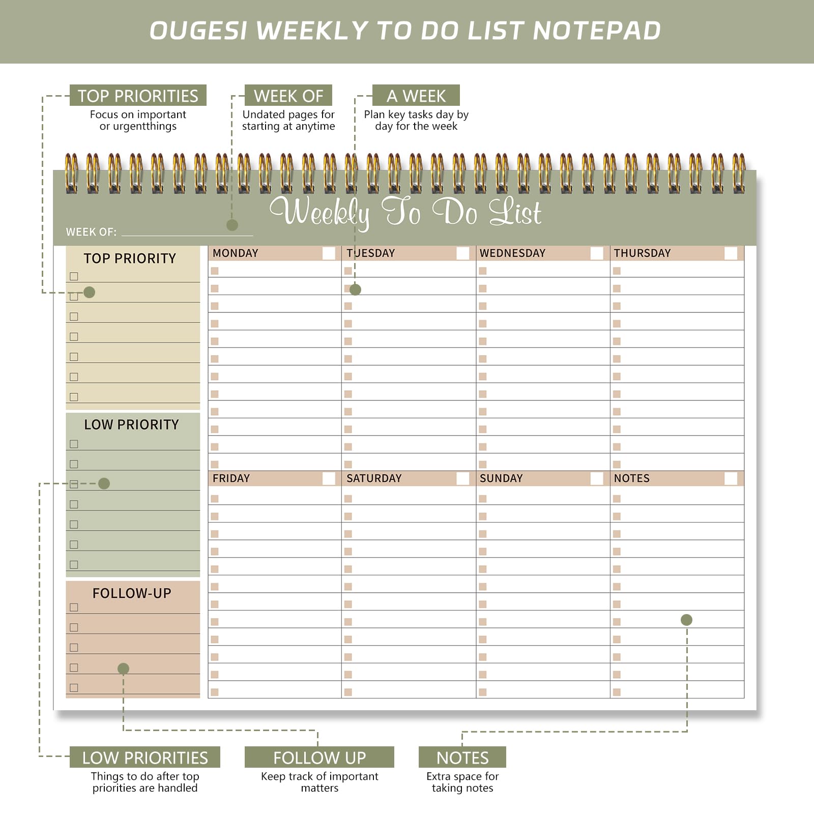Blocco note per lista delle cose da fare, agenda settimanale non datata per lavoro, agenda giornaliera da 27,9 x 21,6 cm, con 52 pagine, include 2 quaderni a righe bonus (verde)
