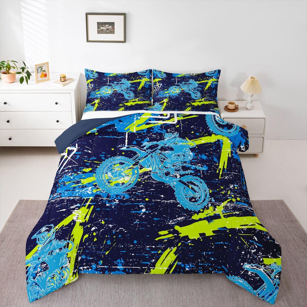 Feelyou Dirt Bike Kids Comforter Set Extreme Sports Bedding Set for Boys Girls Decor Racing Motocross Rider Comforter Urban Duvet Set Bedroom Quilt