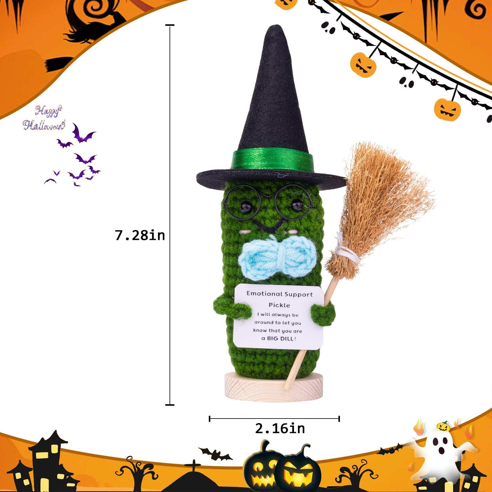 CoFuBcad Halloween Emotional Support Cucumber Witch Hat, Cute Crochet Knitted Doll with Front Card, Halloween Decoration