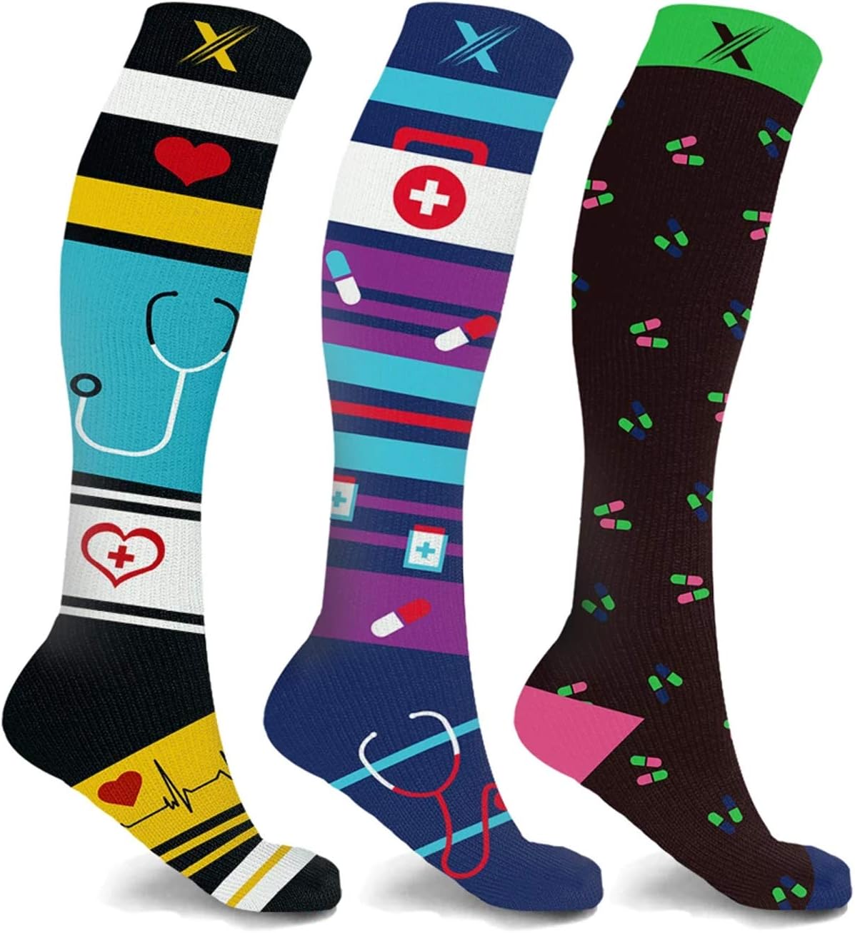 Compression Socks - Knee High for Running, Athletics, Travel - 3 Pair