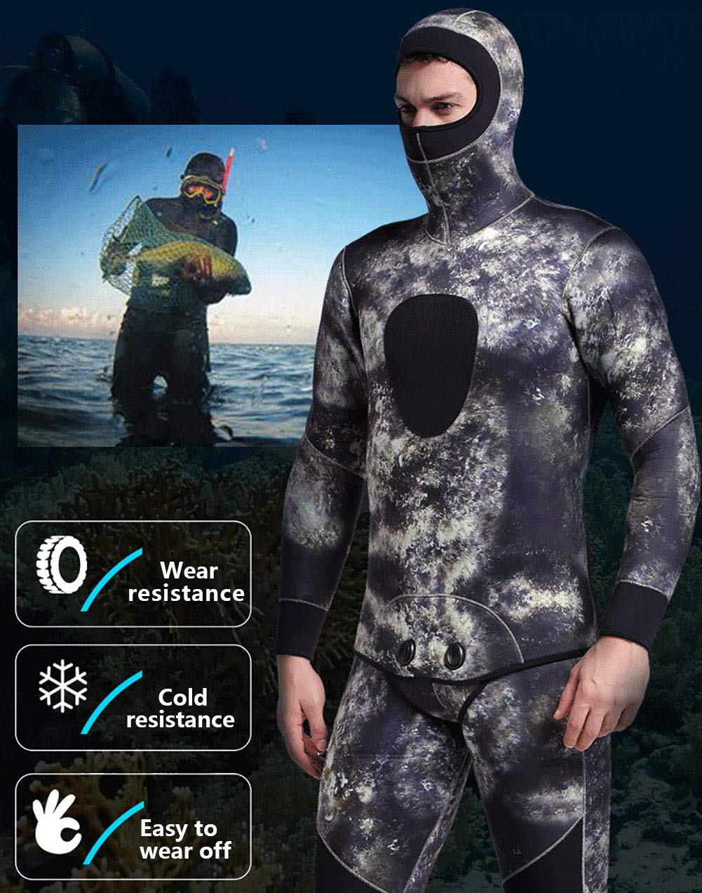 3 MM Traje De Neopreno De 2 Piezas Traje De Buceo con Escafandra para El Tamaño De Los Hombres De Pesca Submarina Surf Snorkel Plus con Capucha