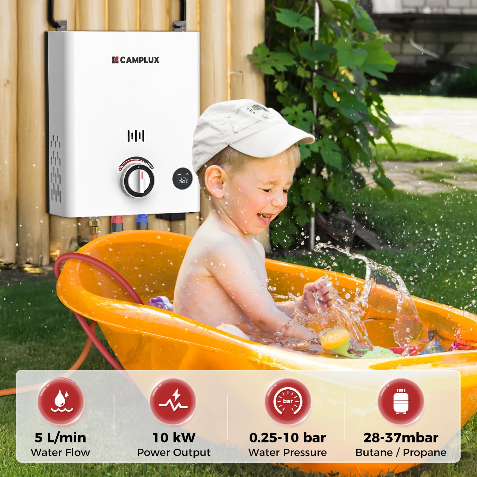 CAMPLUX First Chauffe-Eau à Gaz 5 Litres avec Poignée Réglable, pour Douche Extérieure/Camping/Caravaning, Butane (28-30 mbar)/ Propane (37 mbar), F5