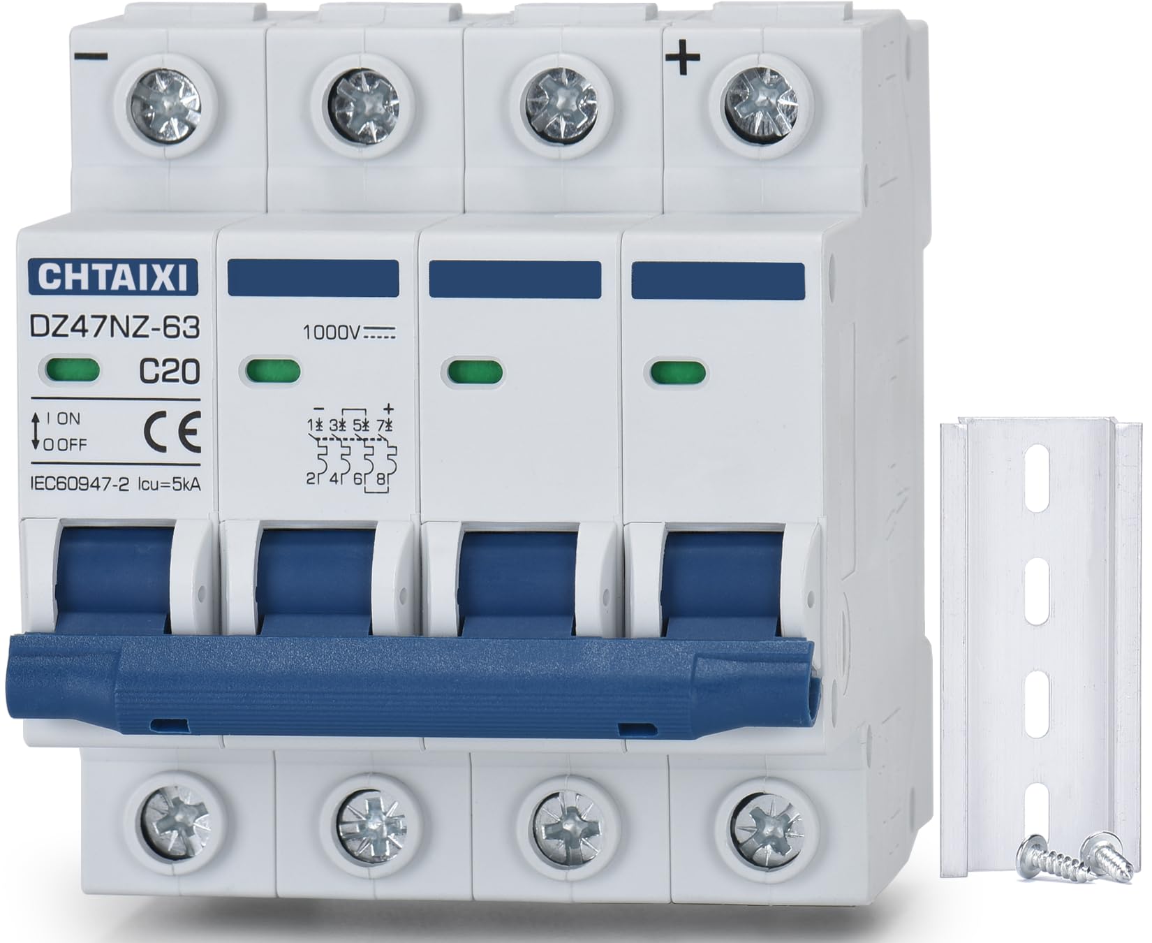 DC Miniature Circuit Breaker, 4 Pole 1000V 20 Amp Isolator for Solar PV System, Thermal Magnetic Trip, DIN Rail Mount DC Disconnect Switch C20