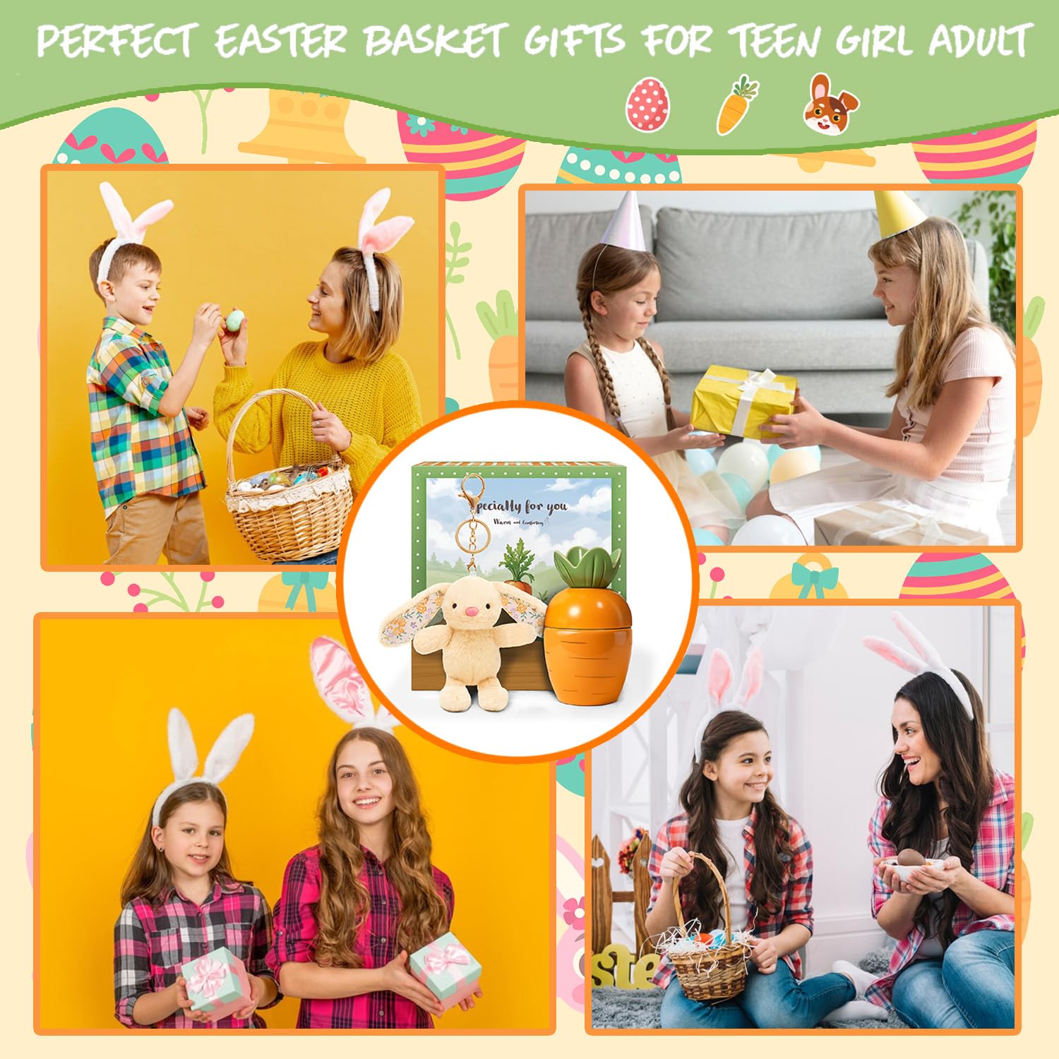 LUICONMO Teen Easter Basket Stuffers, Easter Gifts for Women Teens Adults Cute Bunny Plush Keychain Gifts for Teens Girl with Ceramic Carrot Candle Easter Gifts for Teen Girls Boys