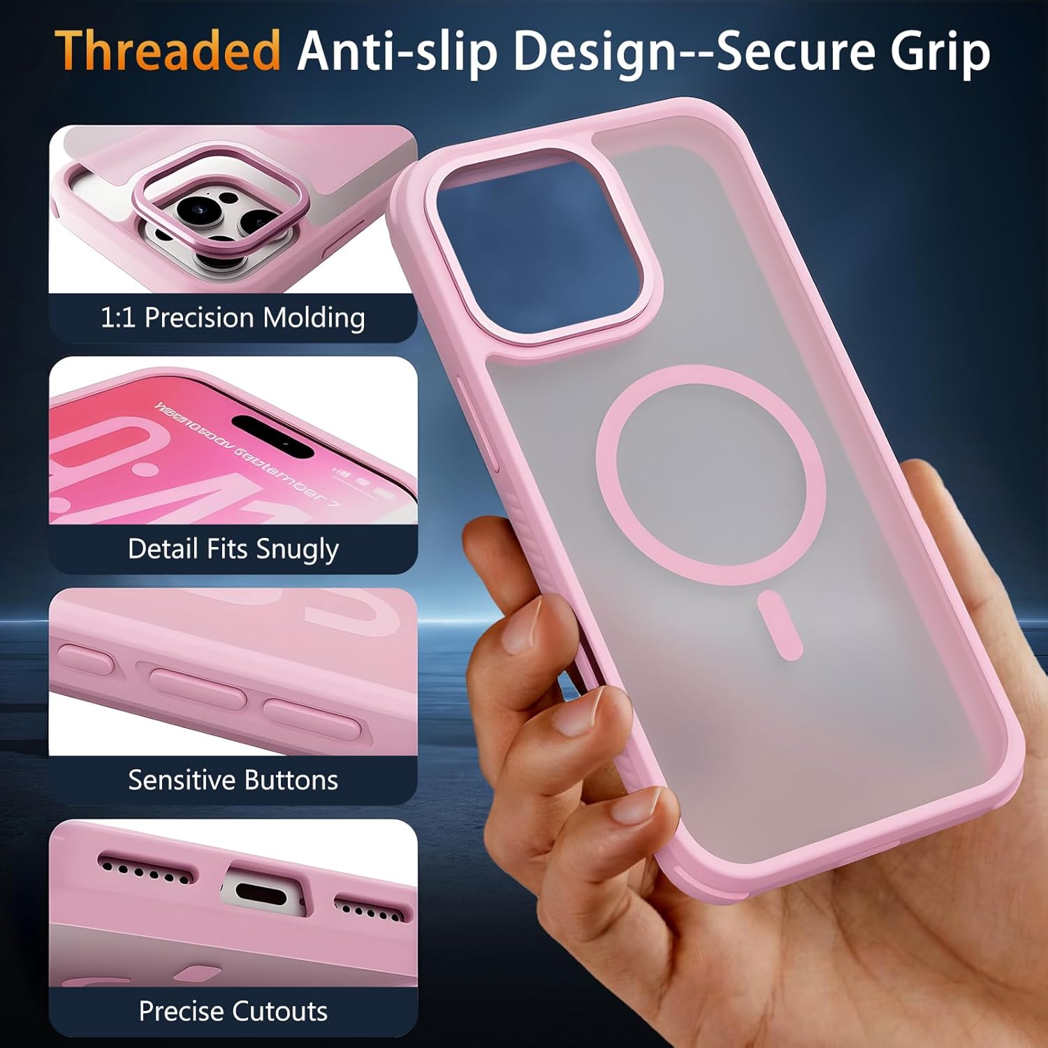 Magnetic for iPhone 16 Pro Case, Compatible with MagSafe, Threaded Non-Slip, 4 Cornered Military-Grade Drop Protection, Alloy Camera Frame, Matte Translucent Shockproof Phone Case, Pink
