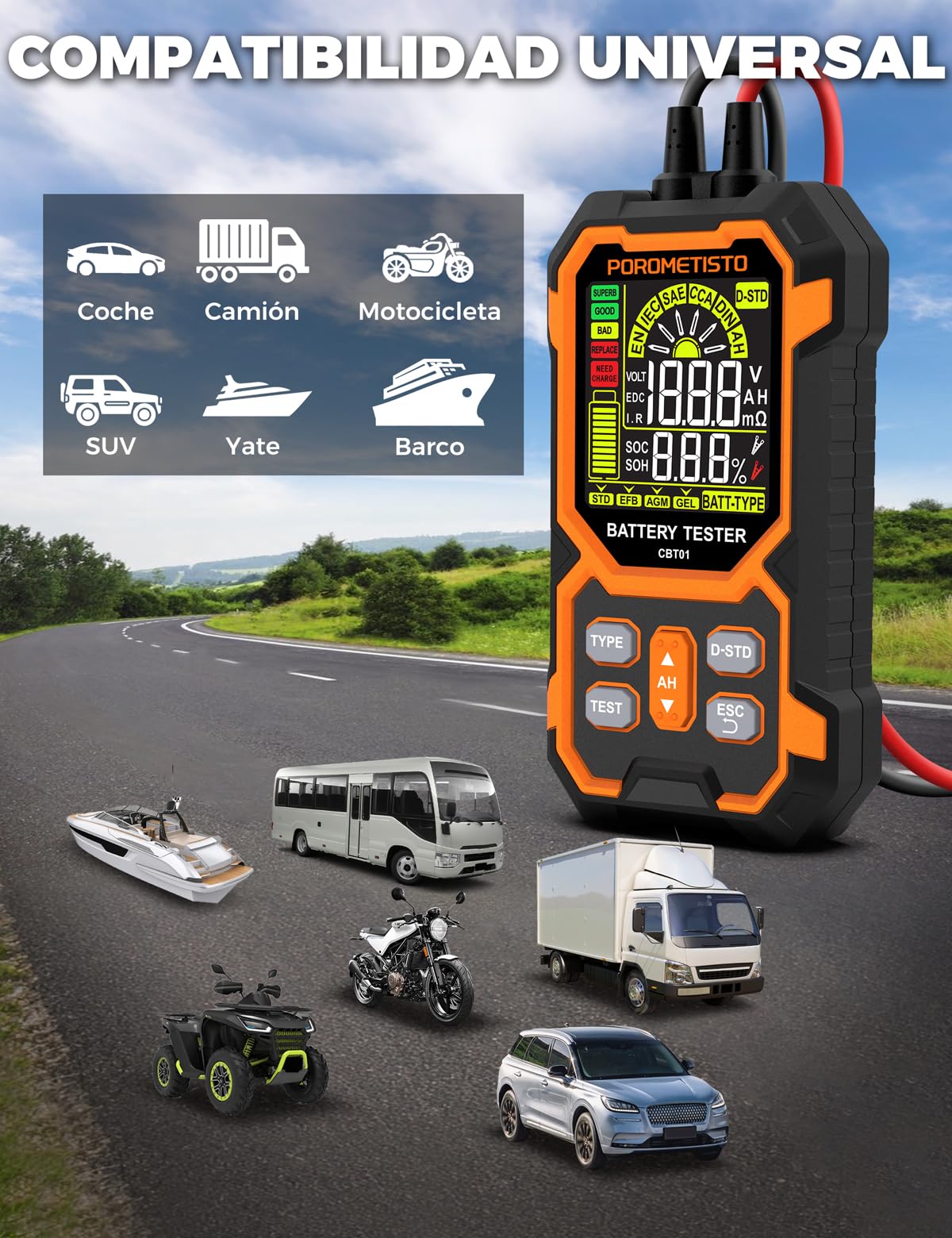 Comprobador De Baterias de Coche POROMETISTO CBT01 | Probador batería 12V/24V 50-1999 CCA. Para autos, motos, 4x4. Mide V, resistencia, CCA, SOC, SOH. Para aficionados y pros