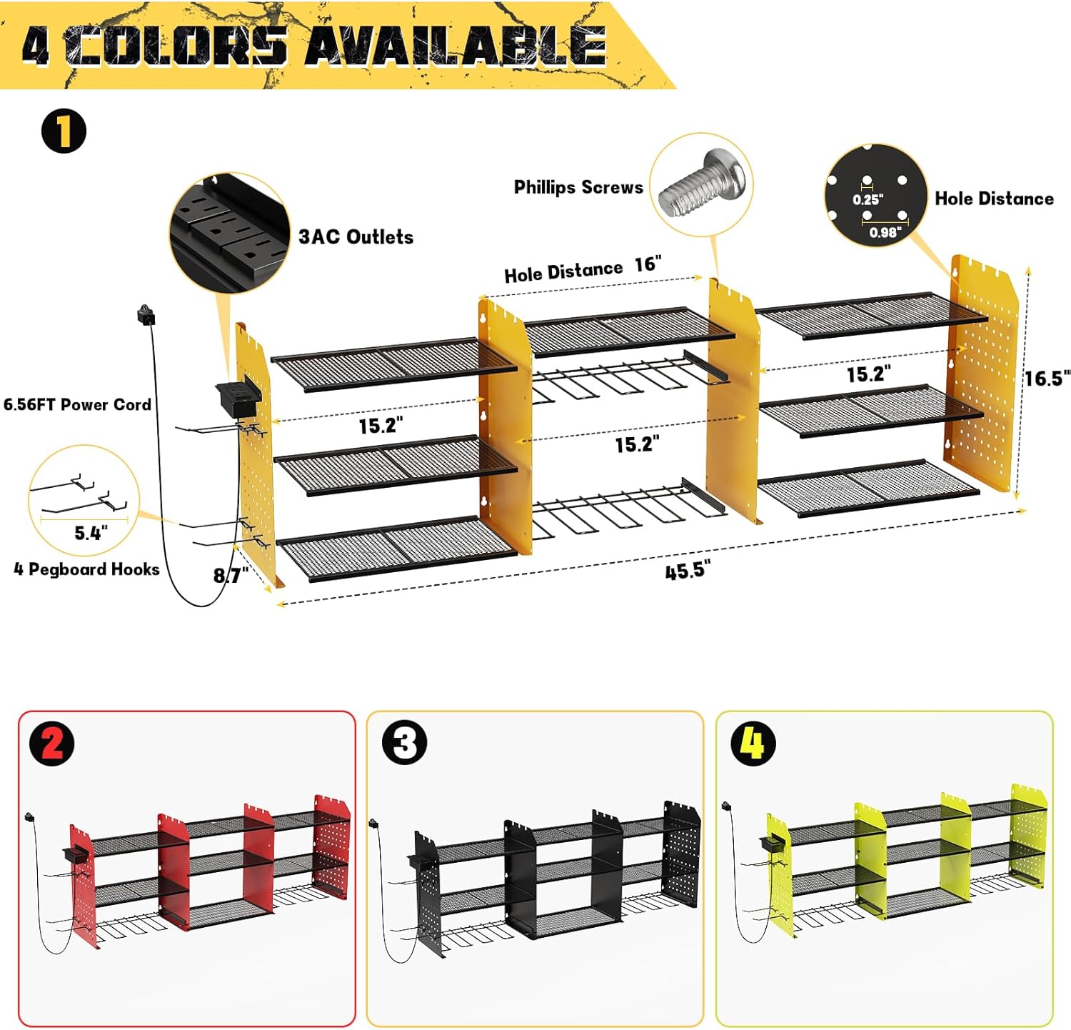 Power Tool Organizer, 45.5 Inch Cordless Drill Holder Wall Mounted, 3 Layers Tool Organizers with Outlet Power Strips , Garage Storage Rack for Toolbox/Impact Wrenches/Screwdriver/Plier/Hammer