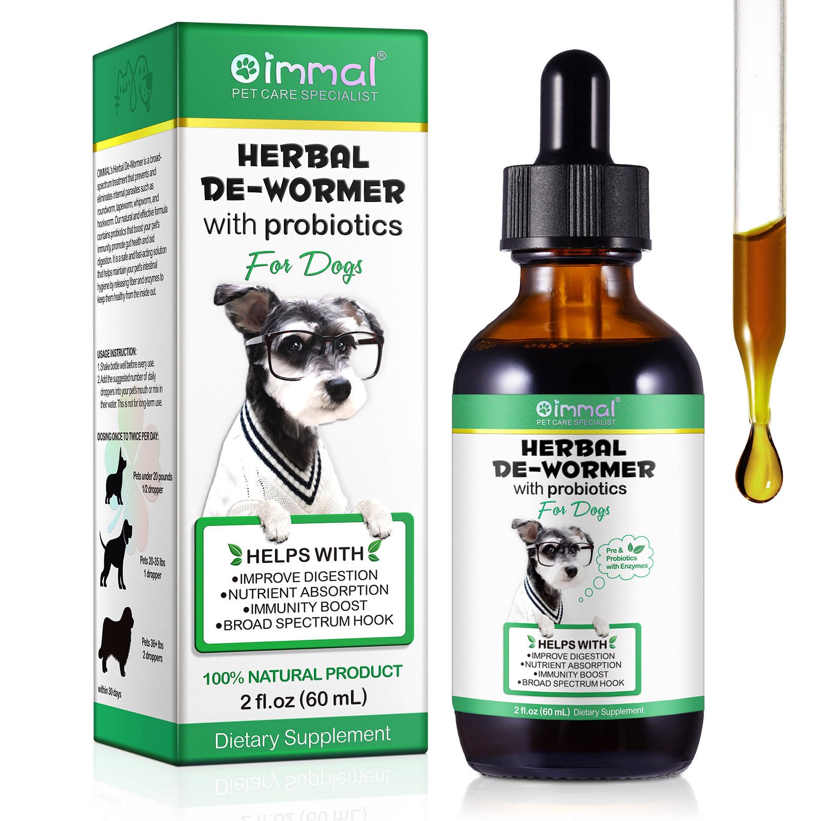 Wurmkur Hund Tropfen 60ml, Kräuterentwurmer mit Probitika, Verbesserung der Verdauung, Immunitätsschub, Anti-Parasiten, Breitband-Hakenwürmer, Sicher, Effektiv, Wurmkur für Hunde