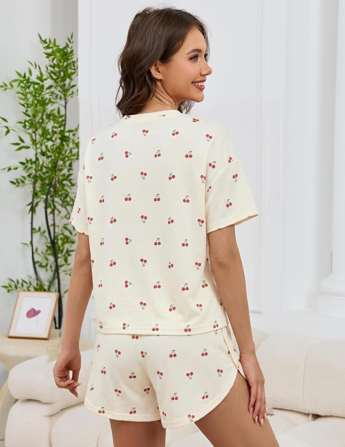 Womens Pajama Sets Striped Print Two Piece Lounge Set Crew Neck Short Sleeve Tee and Side Split Shorts Sleepwear - Image 4