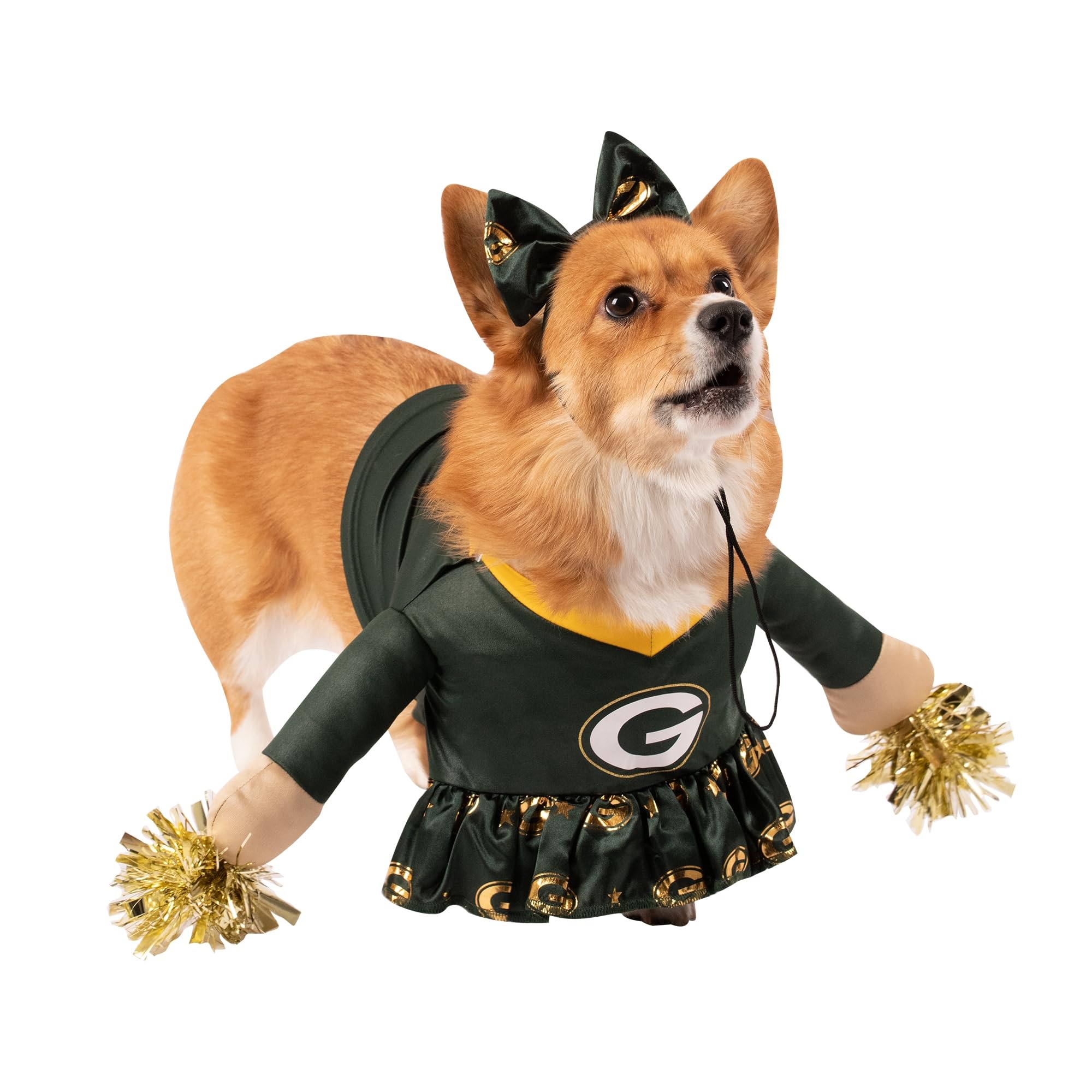 NFL Green Bay Packers Officially Licensed Cheer Dog Costume Includes Dress with Faux Stuffed arms and Tinsel pom-poms and Satin Bow Headband, Size S