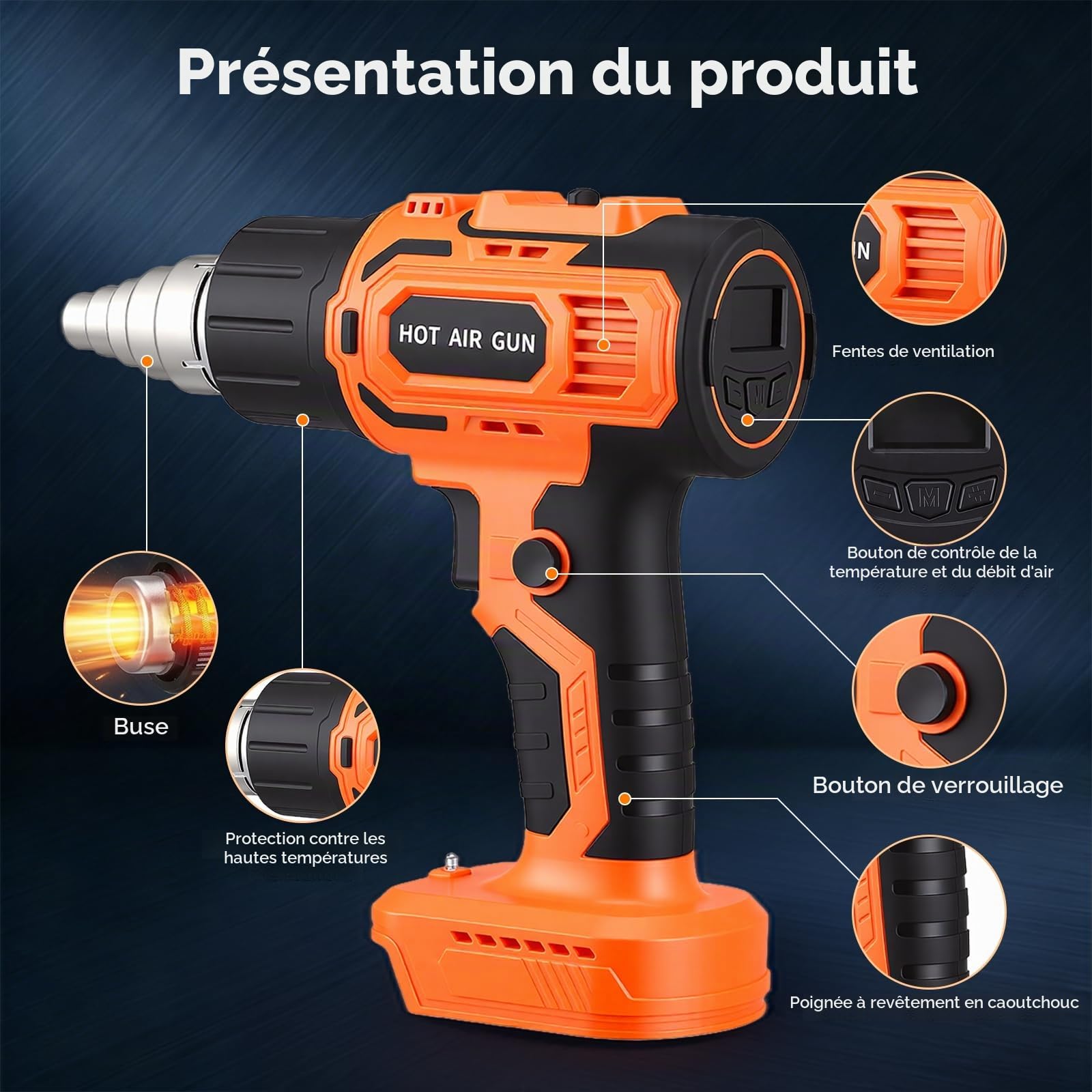 Pistolet à air chaud sans fil, avec 2 batteries 5,0 Ah, 260 °C / 530 °C, outil de soudage plastique sans fil, kit de souffleur d'air chaud sans fil comprenant 5 buses et 2 grattoirs