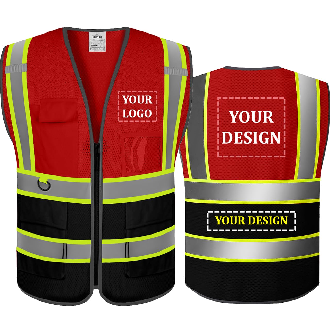 BeautyWill Custom Safety Vest Customized Logo Mesh Vest Class2 High Visibility Reflective Vest with Pockets Workwear（Red Black，S ）