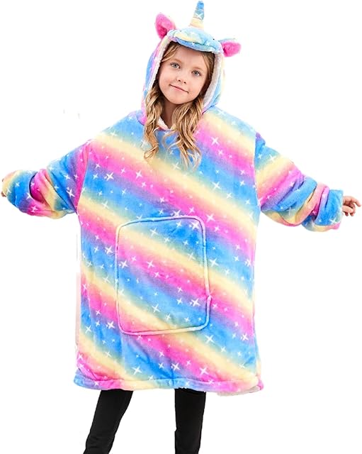 FZOSM Girls Unicorn Oversized Hoodie Snuggle Blanket Hoodies Sweatshirt for Kids