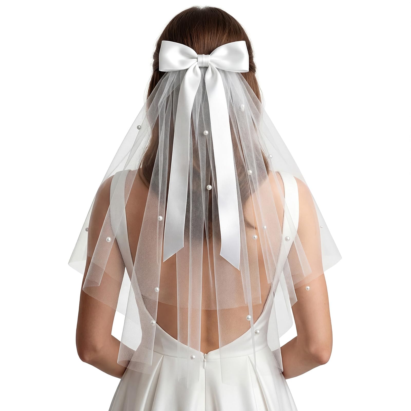 Welon dla panny młodej, krótki biały 56 cm welon panieński z kokardą i perłami - elegancki tiulowy grzebień, prezent ślubny dla druhny dla kobiet i dziewcząt