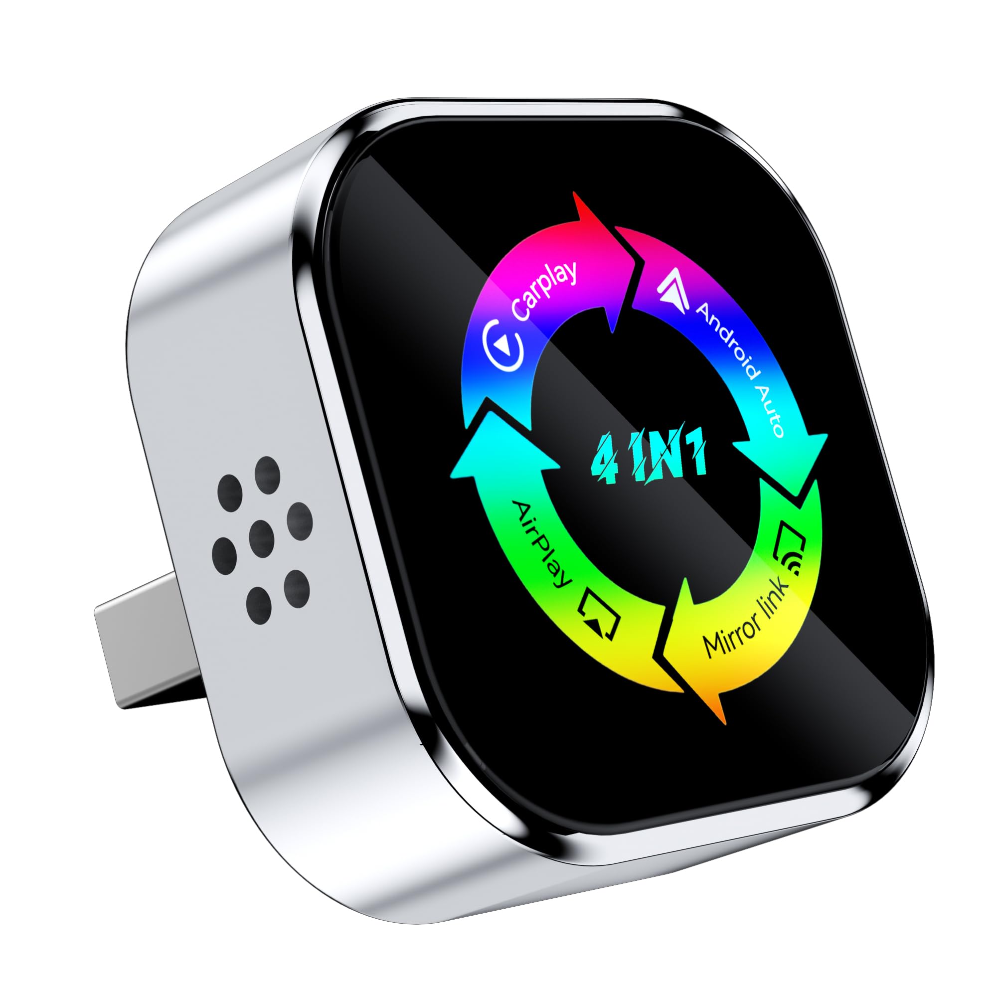 4-in-1 Wireless CarPlay Adapter – Kabelgebunden zu Kabellos für CarPlay & Android Auto, mit MirrorLink & AirPlay Spiegelung, kompatibel für iPhone & Android (Silber)