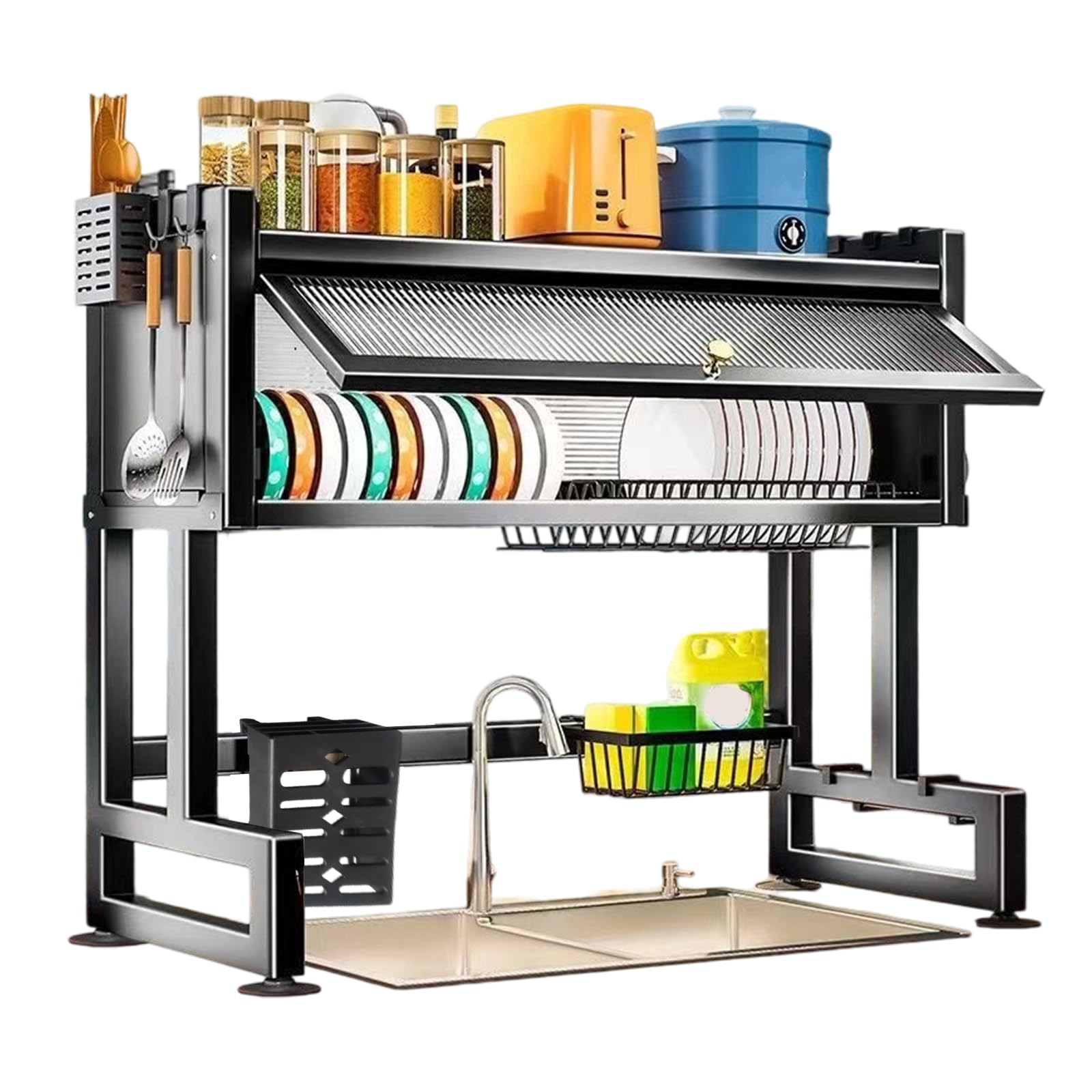 Escurreplatos sobre el Fregadero de Cocina, Escurridor de Platos Grande | Escurreplatos con Tapa Antipolvo, Estante Organizador de Acero Inoxidable con Soporte para Cubiertos y Tabla de Cortar