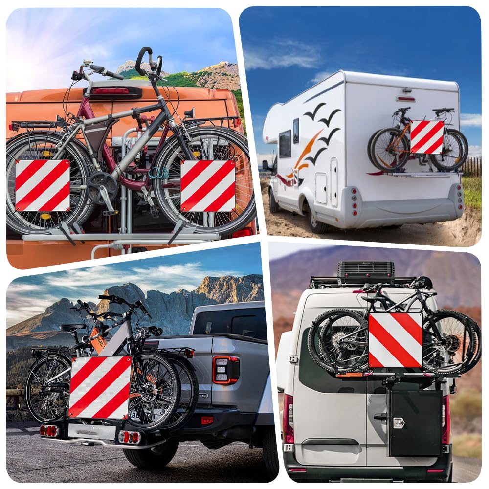 50x50cm Panneau Avertissement Porte-Vélos, 2 en 1 Panneau davertissement Aluminium Italie Espagne avec 4 Cordes Tension, pour Porte-vélos, Remorque Arrière, Voiture, Camping-car