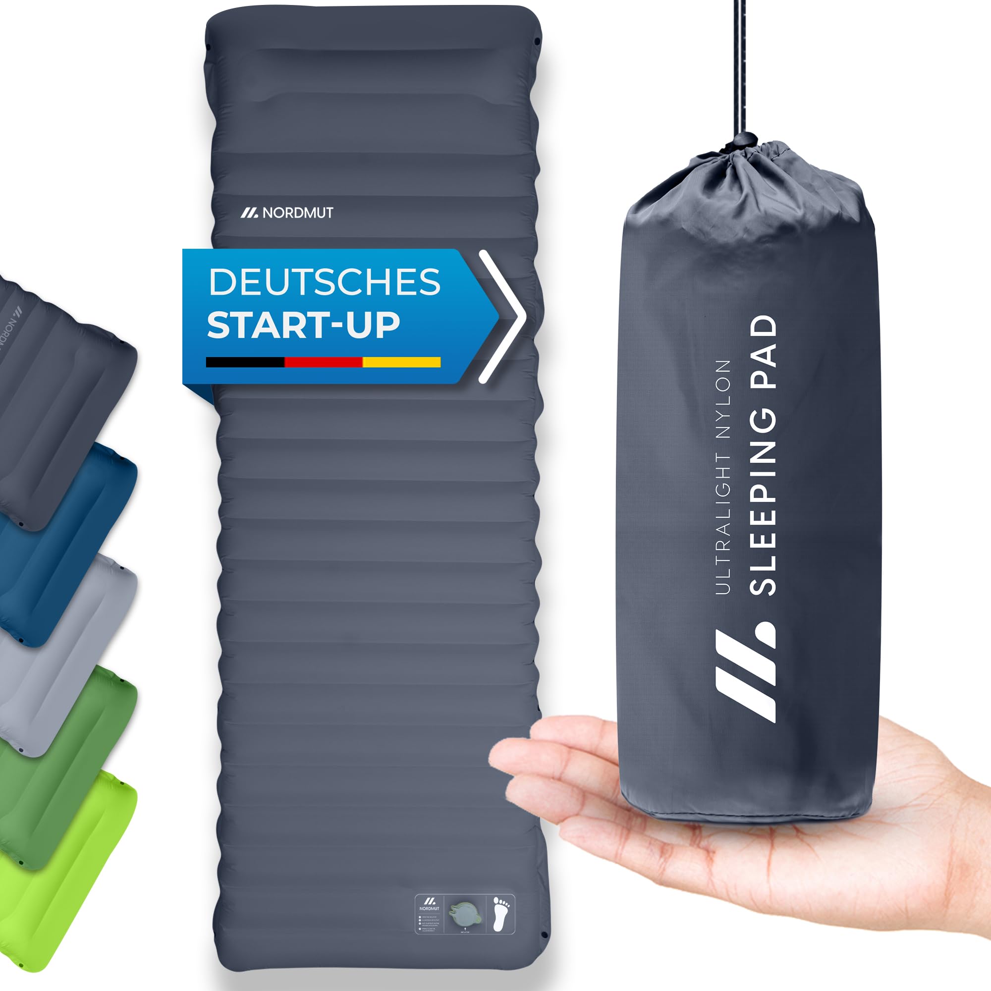 NORDMUT® Isomatte Ultraleicht [mit Reparaturset] - Aufblasbare Luftmatratze Camping kleines Packmaß - Camping Matratze Wetterfest für Outdoor Zelt & Festivals - Dunkelgrau