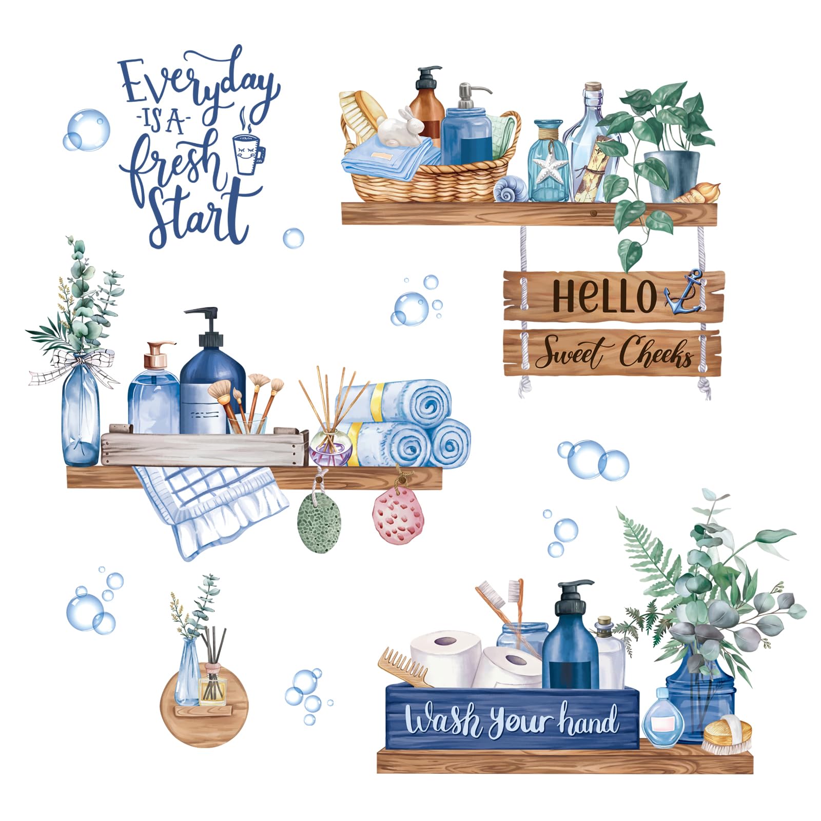 FUFUQUARE 3D Bathroom Wall Stickers Waterproof Blue Towel Shelf Toiletries Bbubbles Wall Decals DIY PVC Positive Quote Wallpaper for Bedroom Restroom Toilet - Image 4