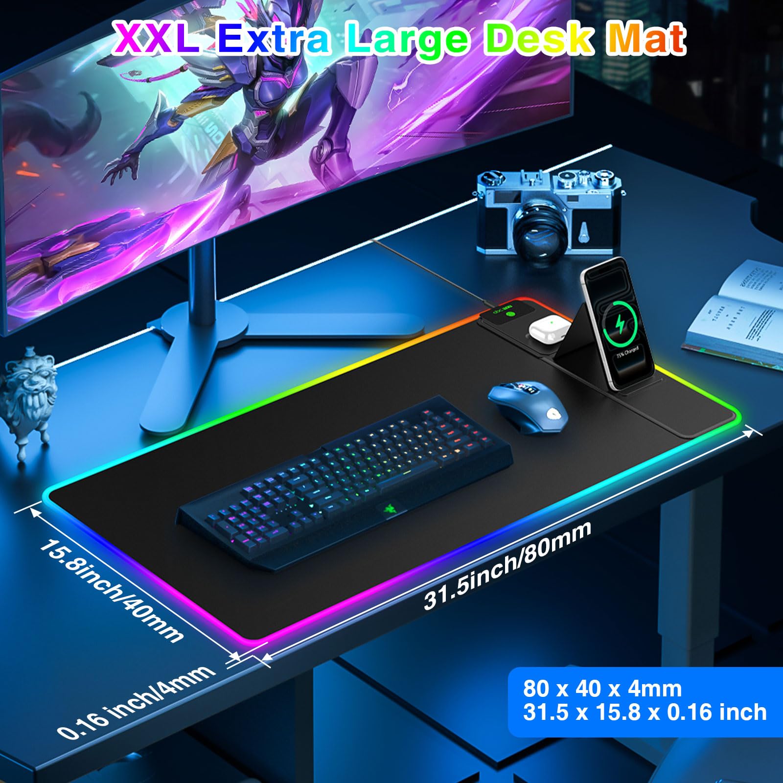 Tappetino per mouse da gioco XXL RGB LED con ricarica wireless magnetica e supporto pieghevole per telefono, 80 x 40 cm, tappetino da scrivania ultra liscio, 25 effetti di luce, base antiscivolo