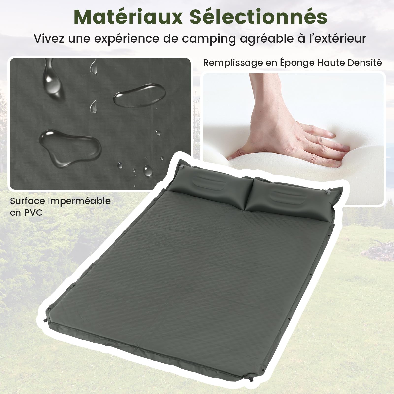 GYMAX Matelas Autogonflant pour 2 Personnes, 2 Oreillers, en PVC Imperméable, Combinaisonable 2 en 1 avec Boucles, pour Plage, Camping, Randonnée (Vert)