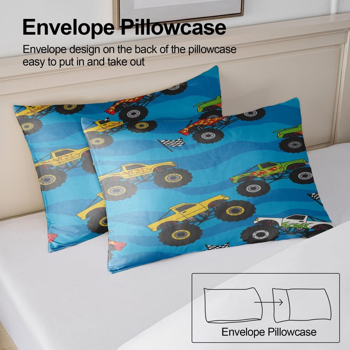 Kinder-Bettwäsche-Set mit Monster-Truck-Motiv, weiche Mikrofaser, Motiv: Monster-Truck, für Jungen-Schlafzimmer, Dekoration (Stil 4, Einzelbett 135 x 200 cm + 50 x 75 cm x 2)