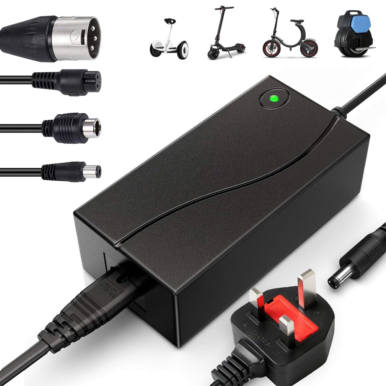 42V/2A Electric Scooter Charger UK 3 Pin, Universal with 4 Connections for 36V Li-ion Battery Fast Charger for Xiaomi/Ninebot, Mobility Scooter, Hoverboard, Electric Bike, Unicycle