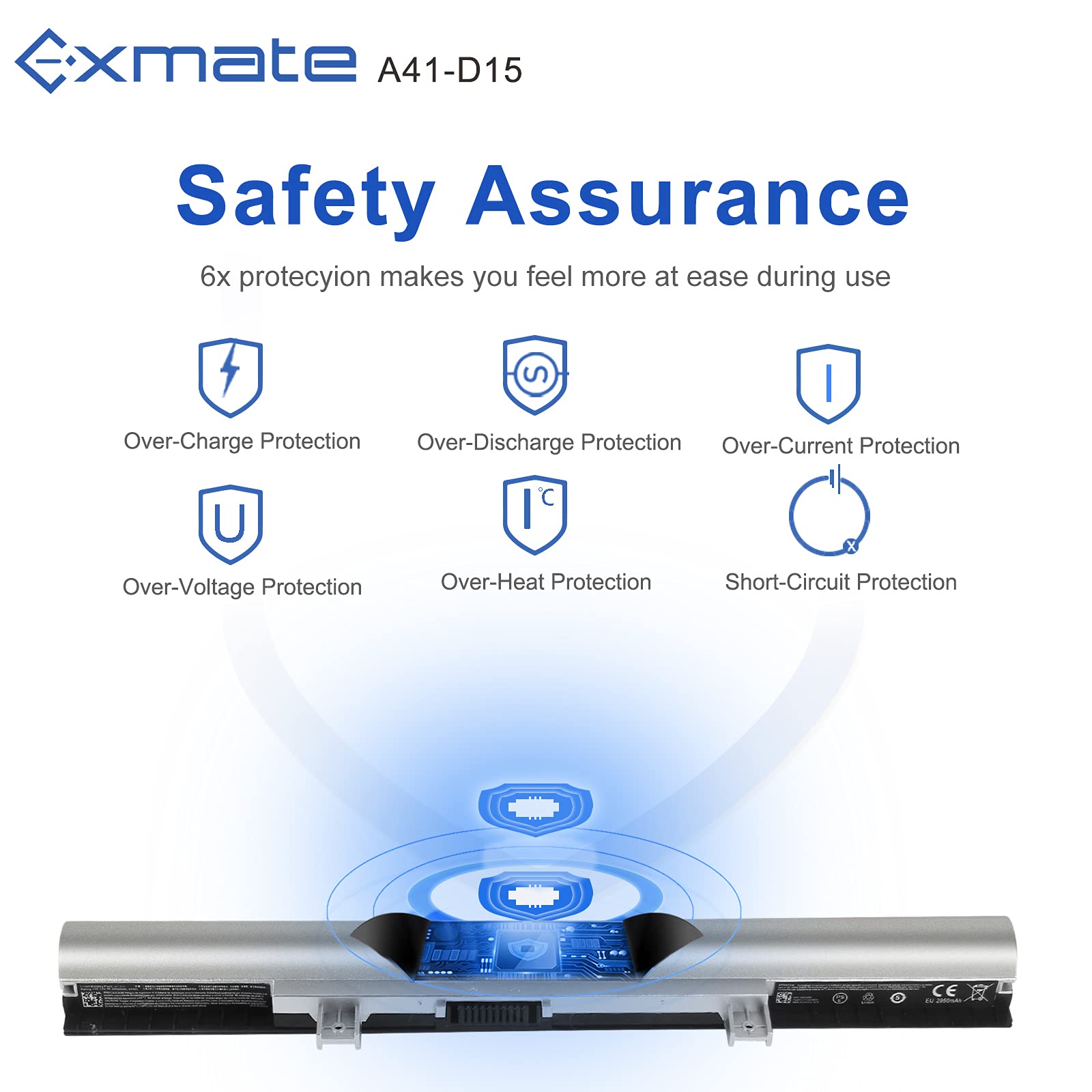 Exmate Ultra-capacity 2950mAh 44Wh Laptop Battery A41-D15 for Medion Akoya E6411 E6412 E6412T E6415 E6416 E6417 E6418 E6421 E6422 E6424 P6653 P6653 P6653 P6421 53/65 5 P. 6656 P6657 P6659 P6660 P6670