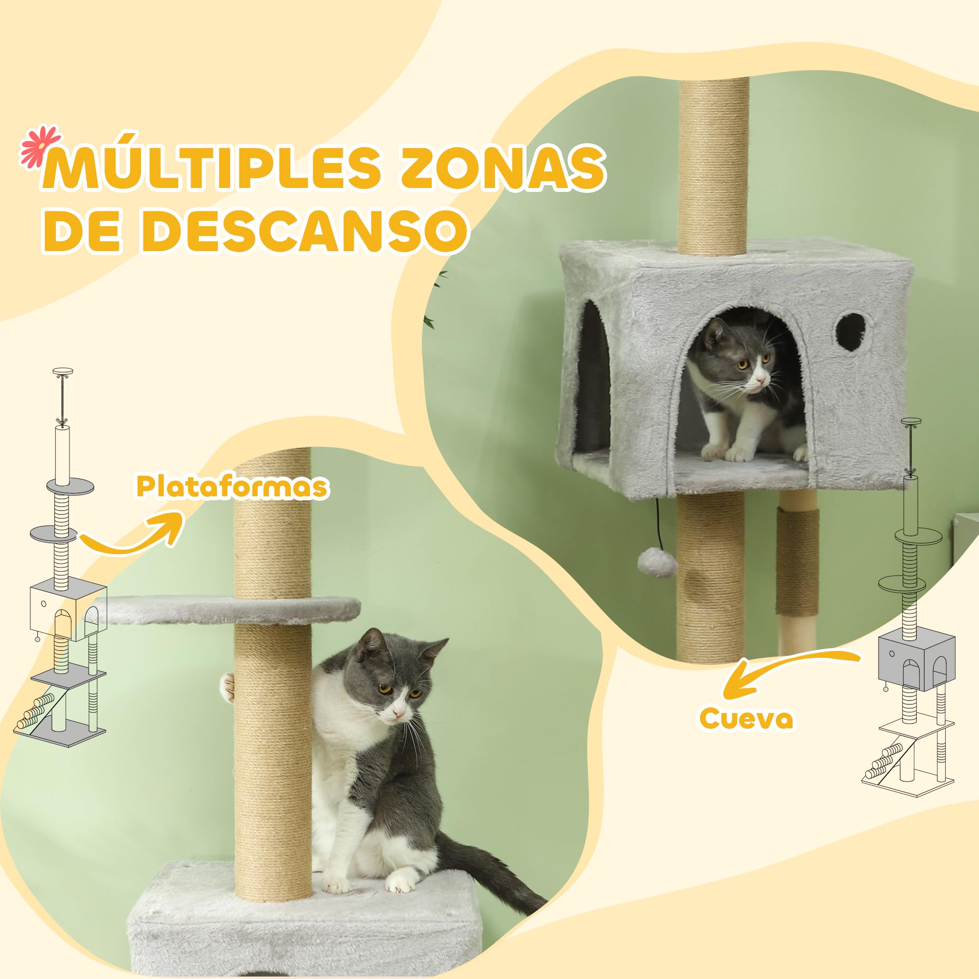 PawHut Árbol para Gatos de Suelo a Techo con Escalera 225-255 cm Gris Claro | Árbol Rascador para Gatos, Altura Ajustable, Múltiples Plataformas, Bola Colgante