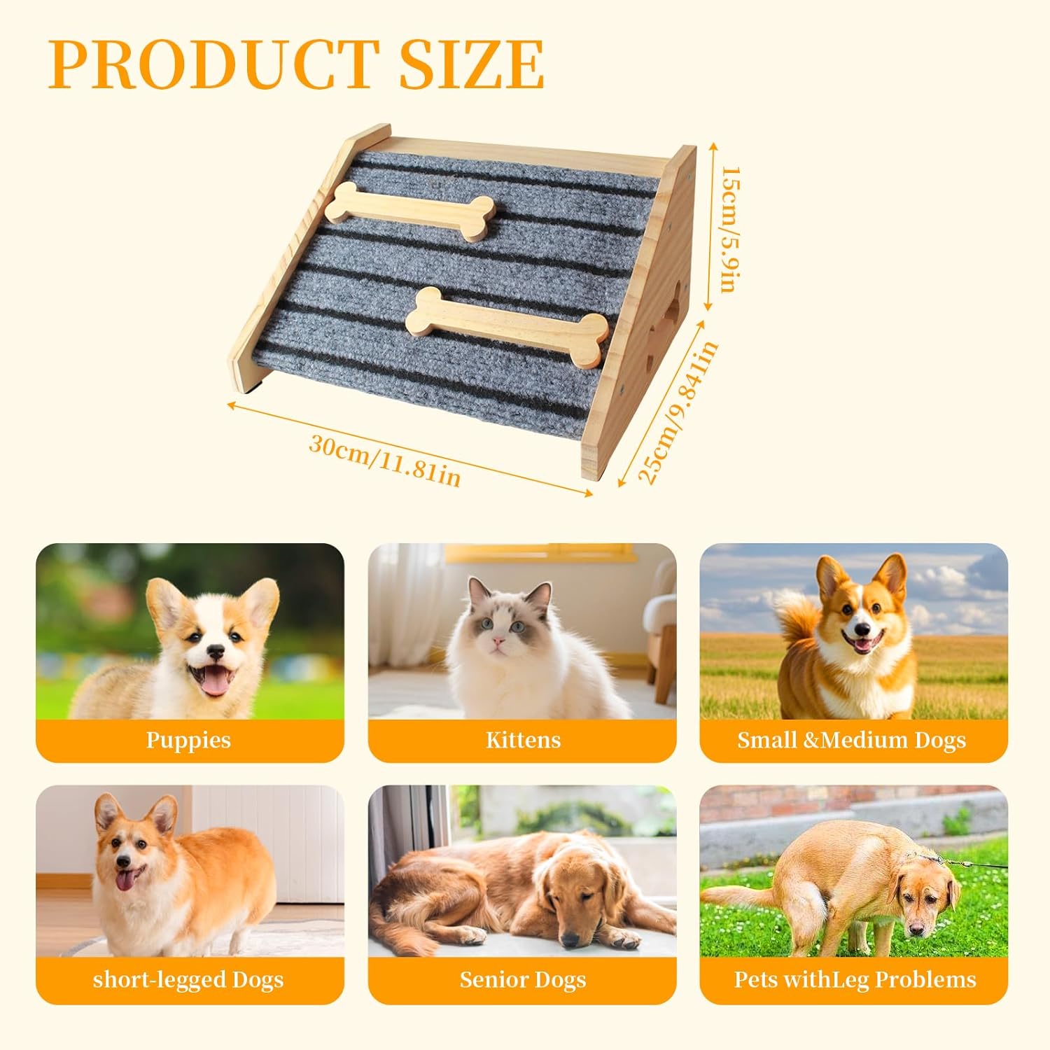 2-Pack Wooden Pet Stair Ramp - Felt Surface with Non-Slip Ribs Natural Pine Wood Suitable for Small Medium Dogs, assists Senior Dogs and Injured Pets up and Provides a Safe Indoor Passageway.