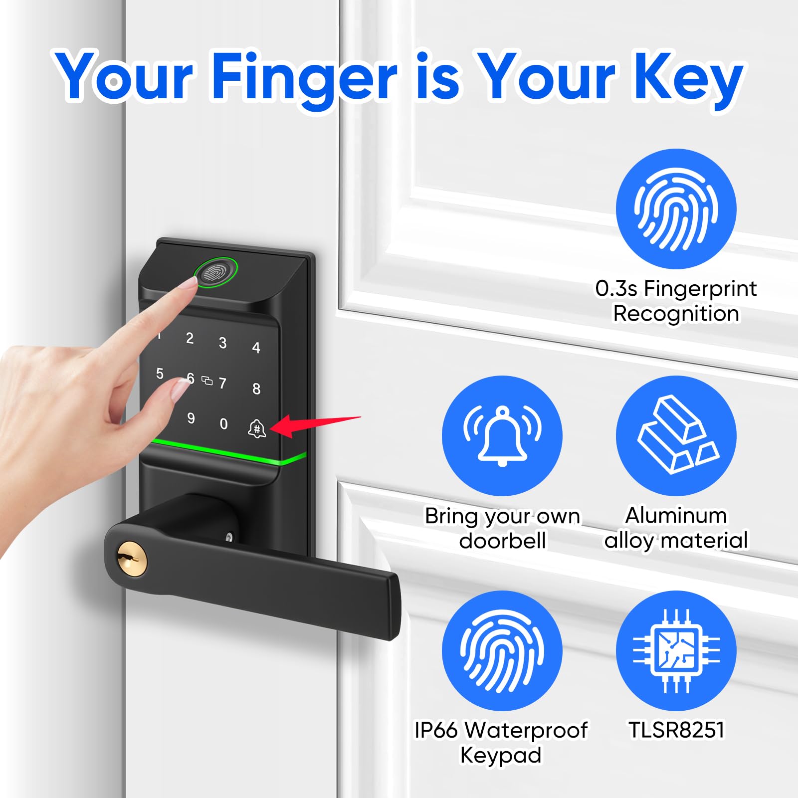 Cerradura Inteligente de Huella Digital con Manija, Cerrojo de Entrada Sin Llaves, para Puerta Principal, Control por App, Teclado Táctil, Llave, Tarjeta, Cierre Automático, Compatible con Apple Watch