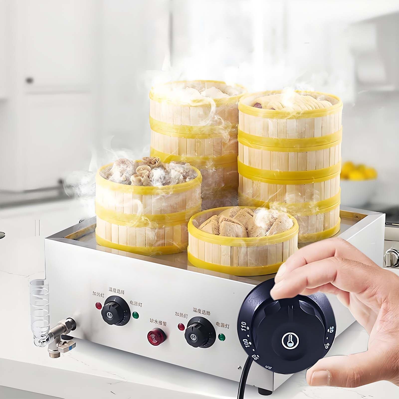 GUTYGIO Commercial Steamed Buns Machine, 4/6 Hole Electric Stainless Steel Food Bread Buns Steaming Steamer, Steamed Bun Warmer Machine with Anti-Dry Alarm, Independent Temperature Contr 4holes