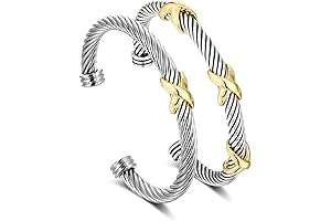 2 Pcs Cable Wire Bangles For Women Silver Tone