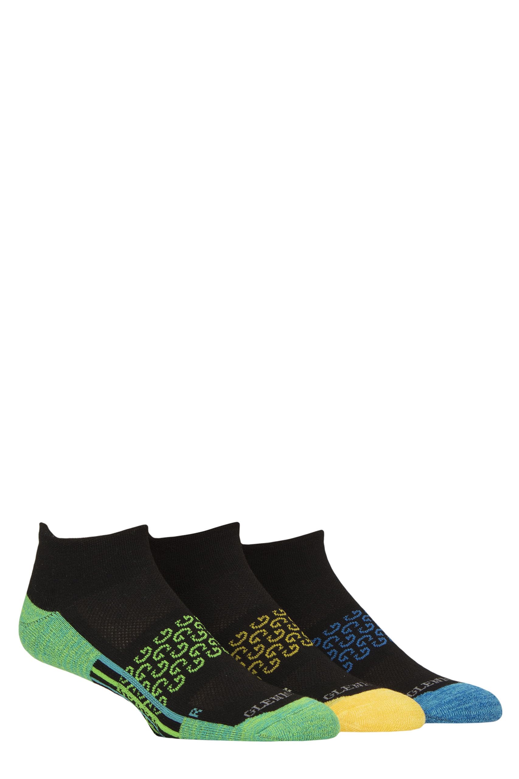 Glenmuir Men's Sport Trainer Socks - Technical, Cushioned, Breathable, Arch Supports, Short, Low, Sports, Gym, Exercise, Running, 3 Pair Multipack Size 7-11 Black Green/Blue
