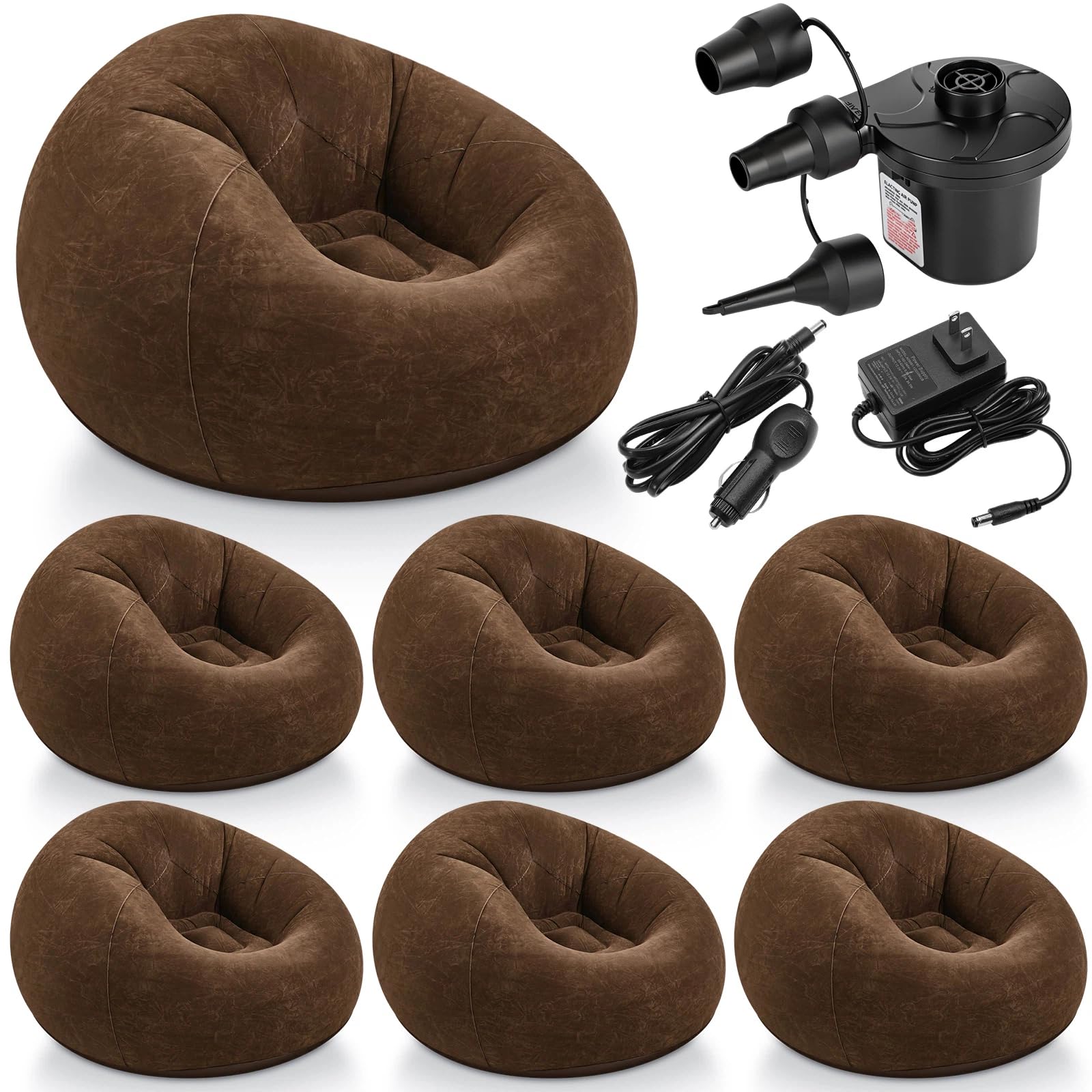 Photo 1 of Realspring 6 Pcs Inflatable Bean Bag Chairs with Electric Air Pump Portable Inflatable Blow up Couch Flocking Lazy Sofa Set for Home, Living Room, Camping, Movie & Patio Lounging (Dark Brown)
