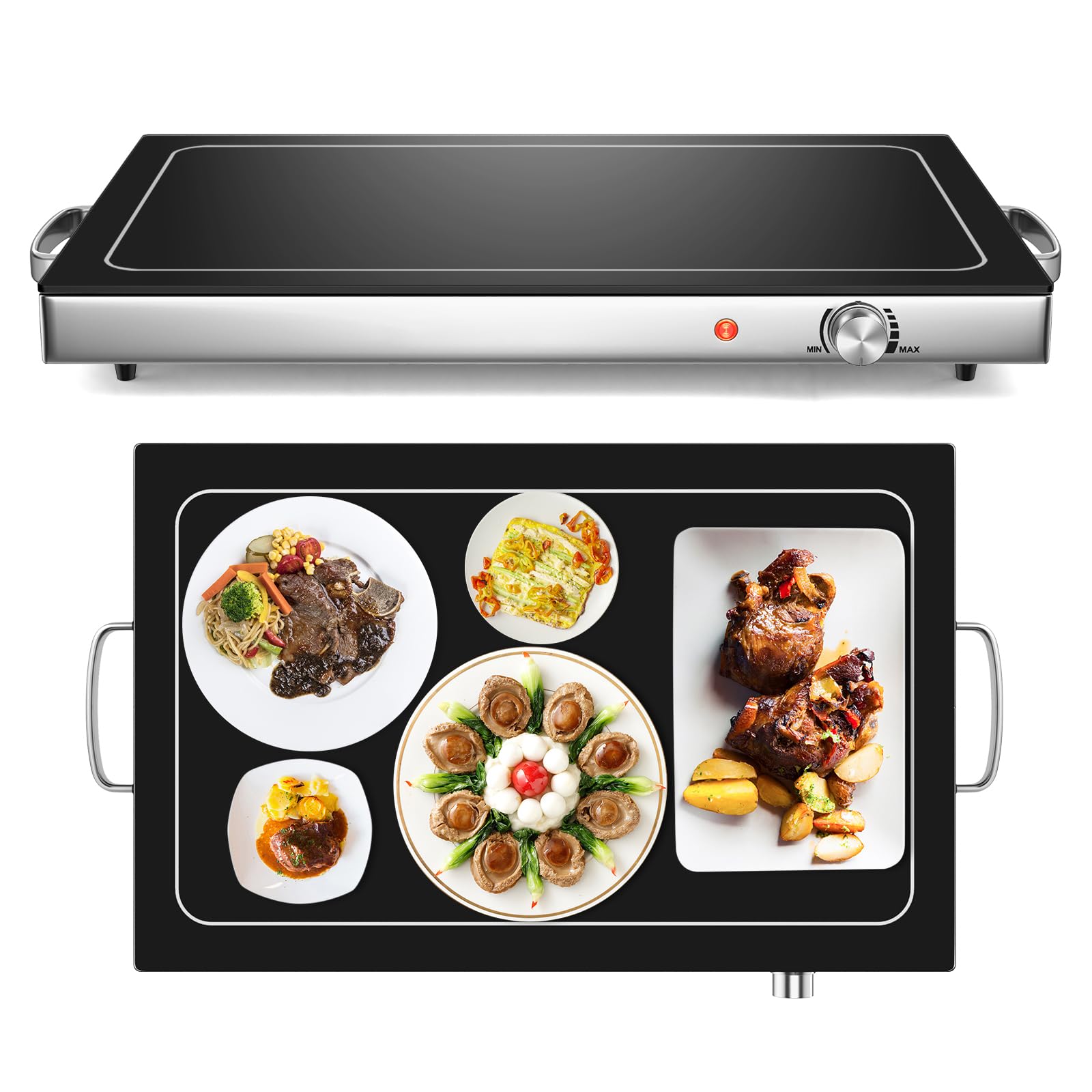 GYMAX Vassoio Scaldavivande Elettrico, Scaldavivande con Temperatura Regolabile in Acciaio Inox, Scaldavivande per Buffet con Superficie in Vetro e Maniglie Fredde, 56 x 36 cm