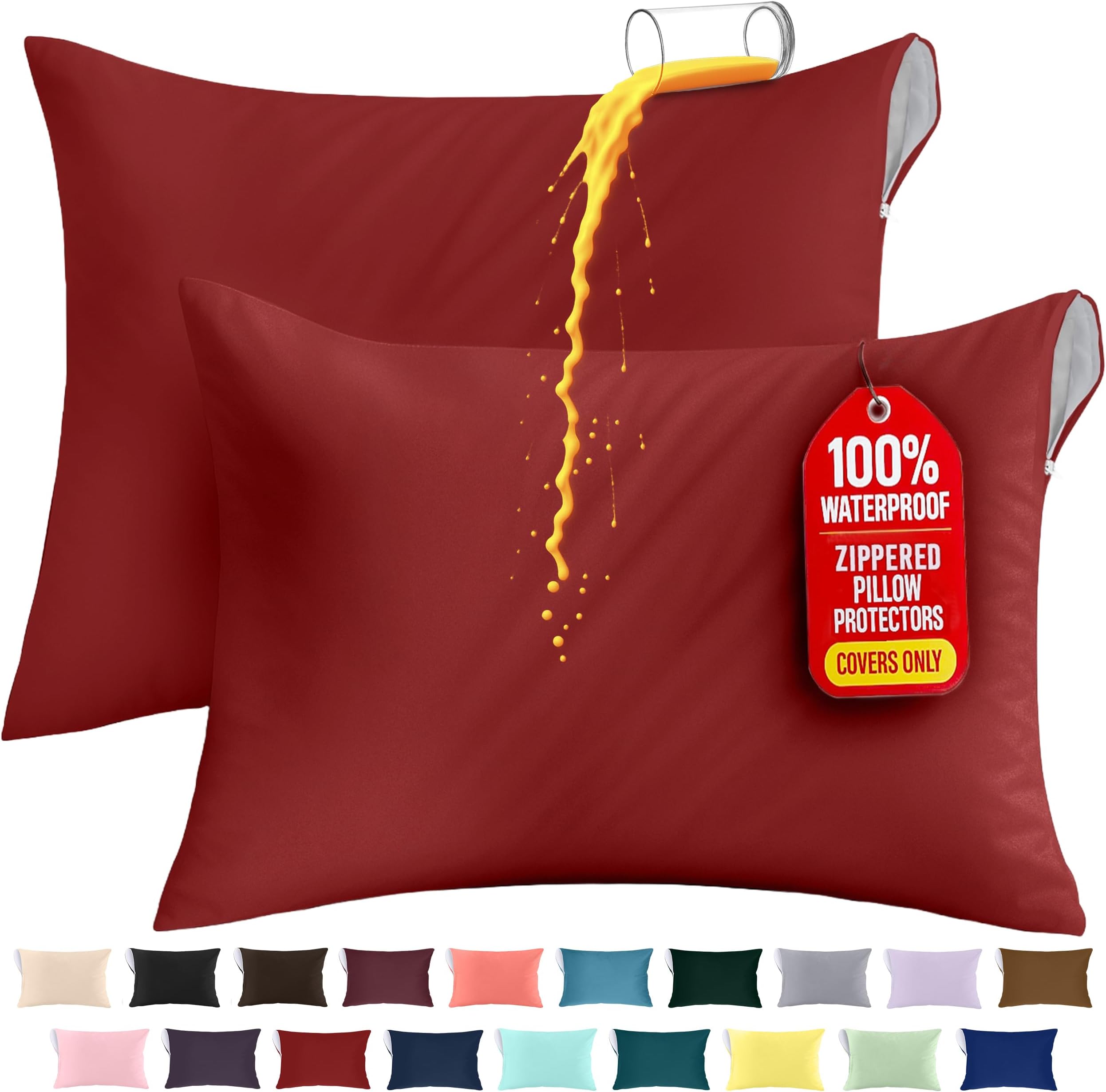 Utopia Bedding Waterproof Zippered Pillow Encasement (2 Pack) King Red – Bed Bug Proof Pillow Encasement 20 x 38 Inches