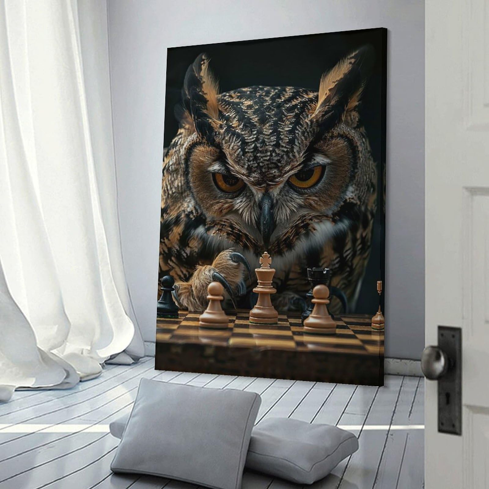 Junmoney Canvas Wall Art Owl Chess, 24x36inch(60x90cm), for Bedroom, Guest Room Or Reading Nook, Canvas Wall Decor for Personal Spaces