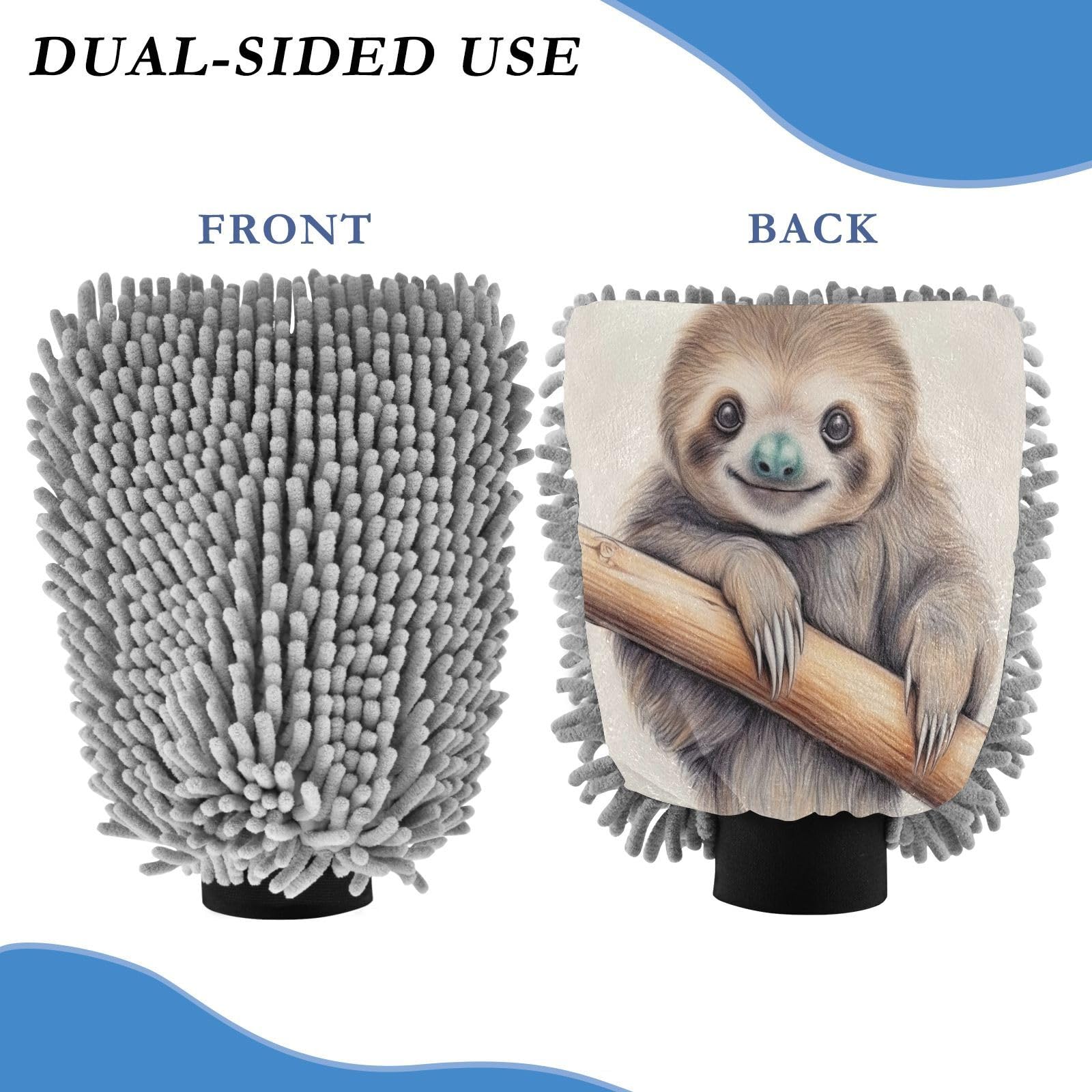 Flradish 2 Pack Sloth on The Branch Car Wash Mitt Chenille Microfiber Lint-Free Scratch Free Ultra-Soft Absorbent Car Wash Mitt 11.8x8.07 Inch