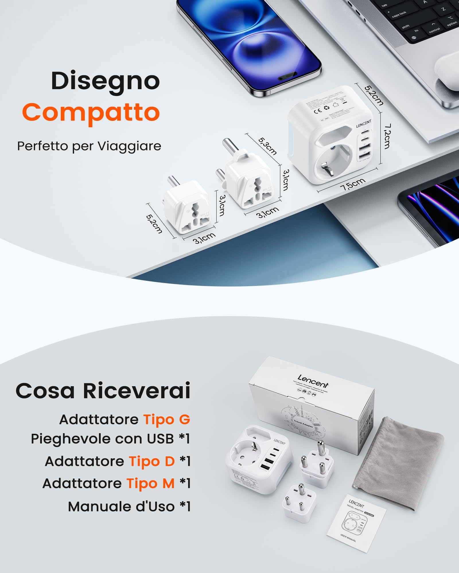 LENCENT Tipo D, G e M Adattatore da Viaggio Combinato con 2 USB-C e 2 USB-A, Spina Tipo G Pieghevole per Maldive, Adattatore Presa D M da Viaggio a Sri Lanka Sudafrica Botswana Namibia Zimbabwe Nepal - 5