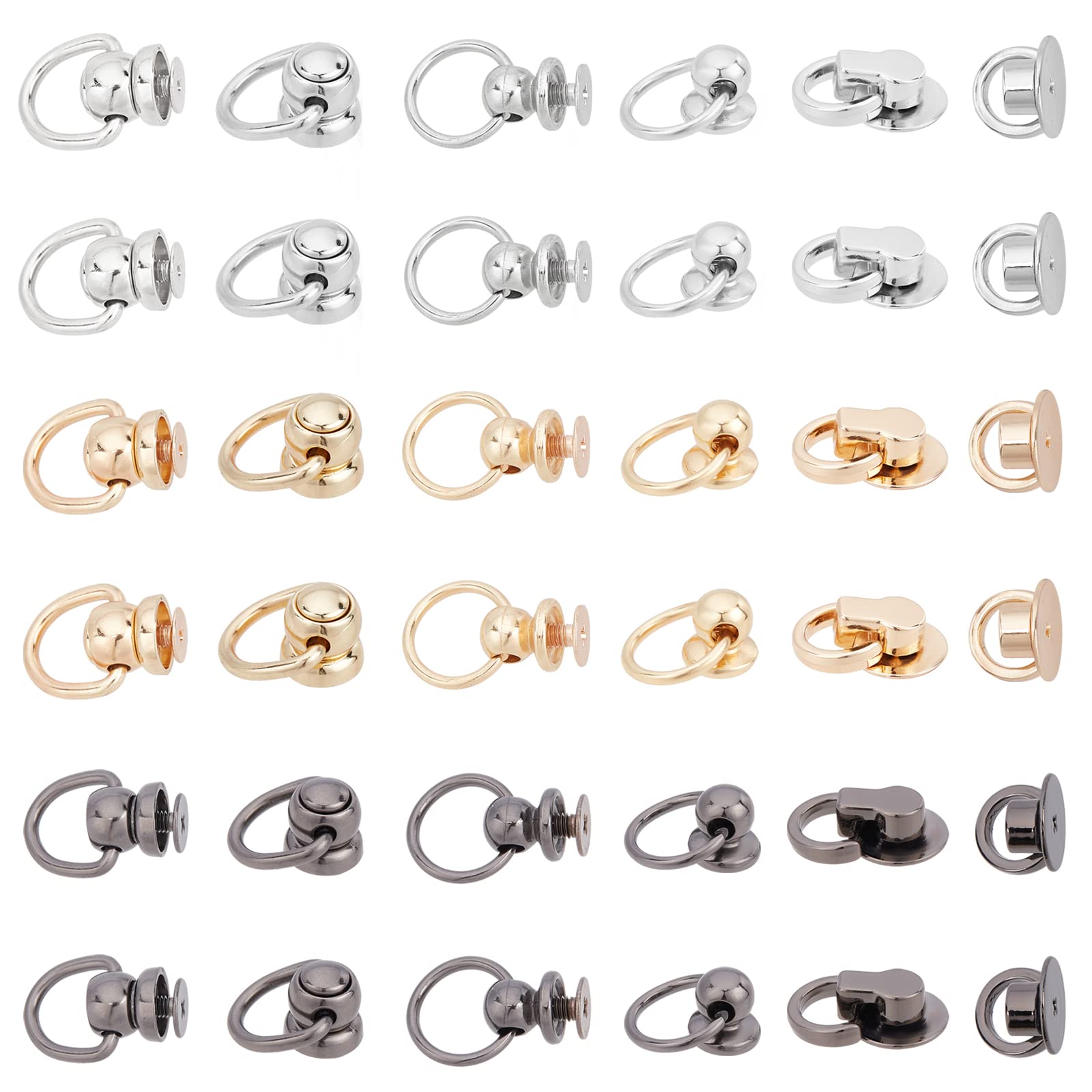 WADORN 36 Sets 9 Styles Ball Studs Rivets, D Ring Stud Screw Ball Post Head Buttons Rotatable D Ring Buckle Handle Connector Ball Post with O Ring Lock Clasp for DIY Leather Crafts Bag Making