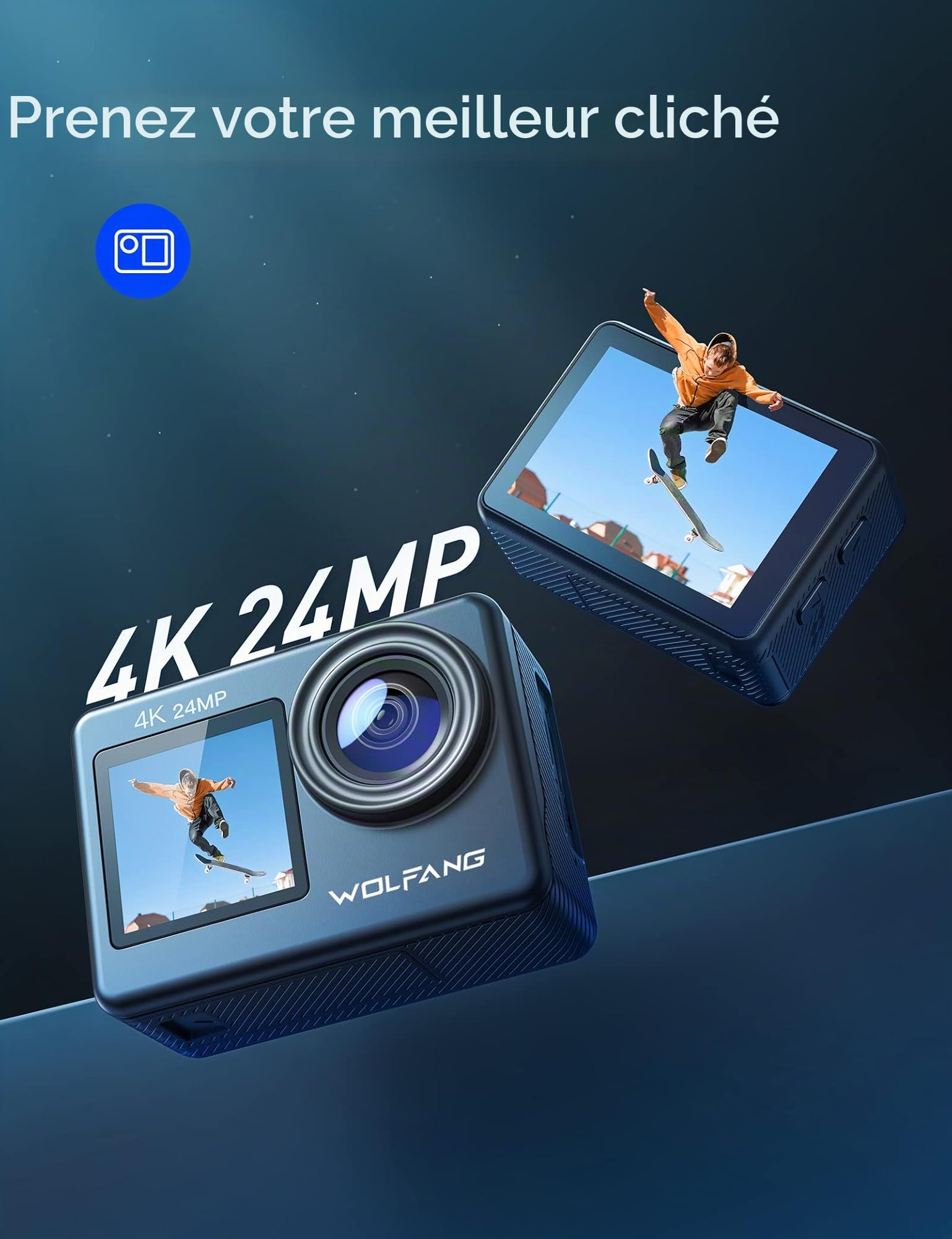 WOLFANG Caméra Sport GA200 4K 24MP, Deux Écrans 30FPS Caméra Étanche Grand Angle Écran Tactile WiFi Appareil Photo avec EIS Stabilisateur(2 Piles, kit d'accessoires)
