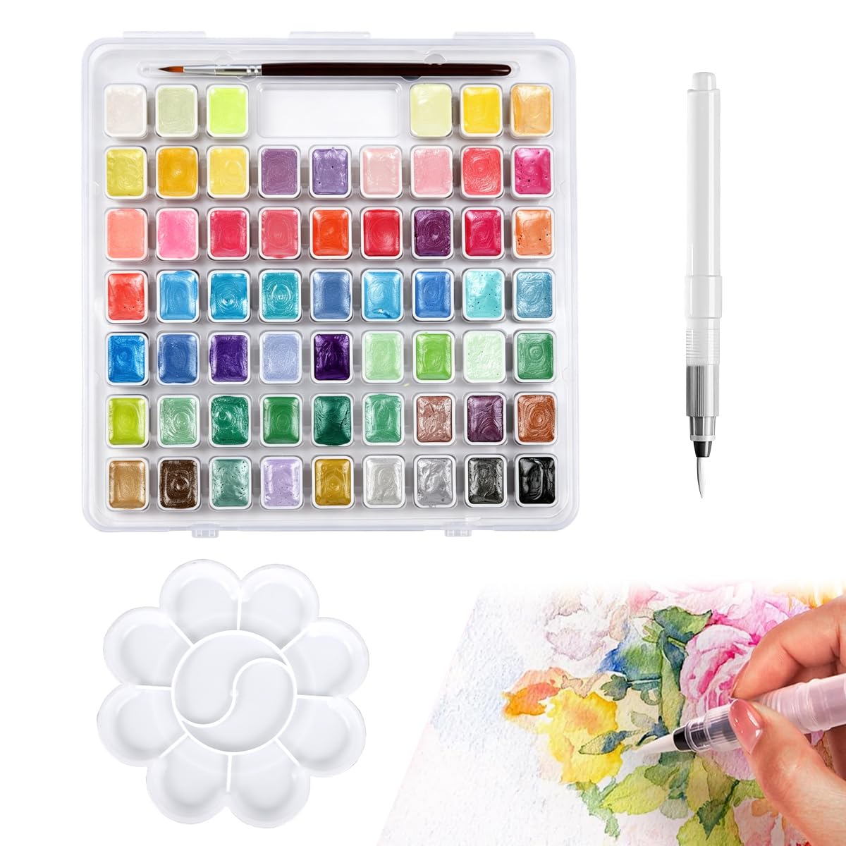 HASTHIP® 60 Colors Metallic Watercolor Paint Set Pearlescent Shimmer Pigments Kit with Brush, Palette & Storage Case, Iridescent Poster Colour Set for Craft, Painting, Journaling & Crafting-image-19