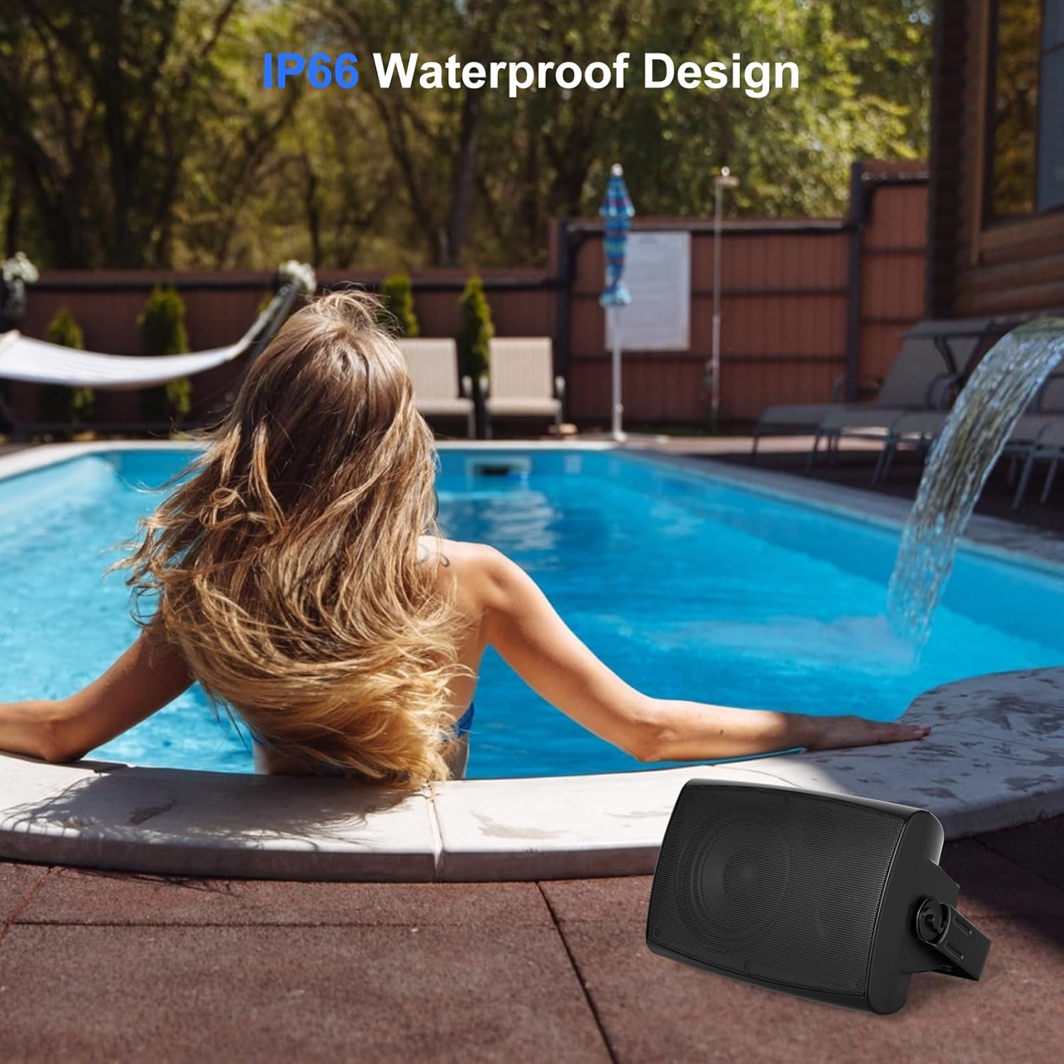 A woman relaxing in a pool with a black Herdio speaker visible near the edge, illustrating the speaker's waterproof design.
