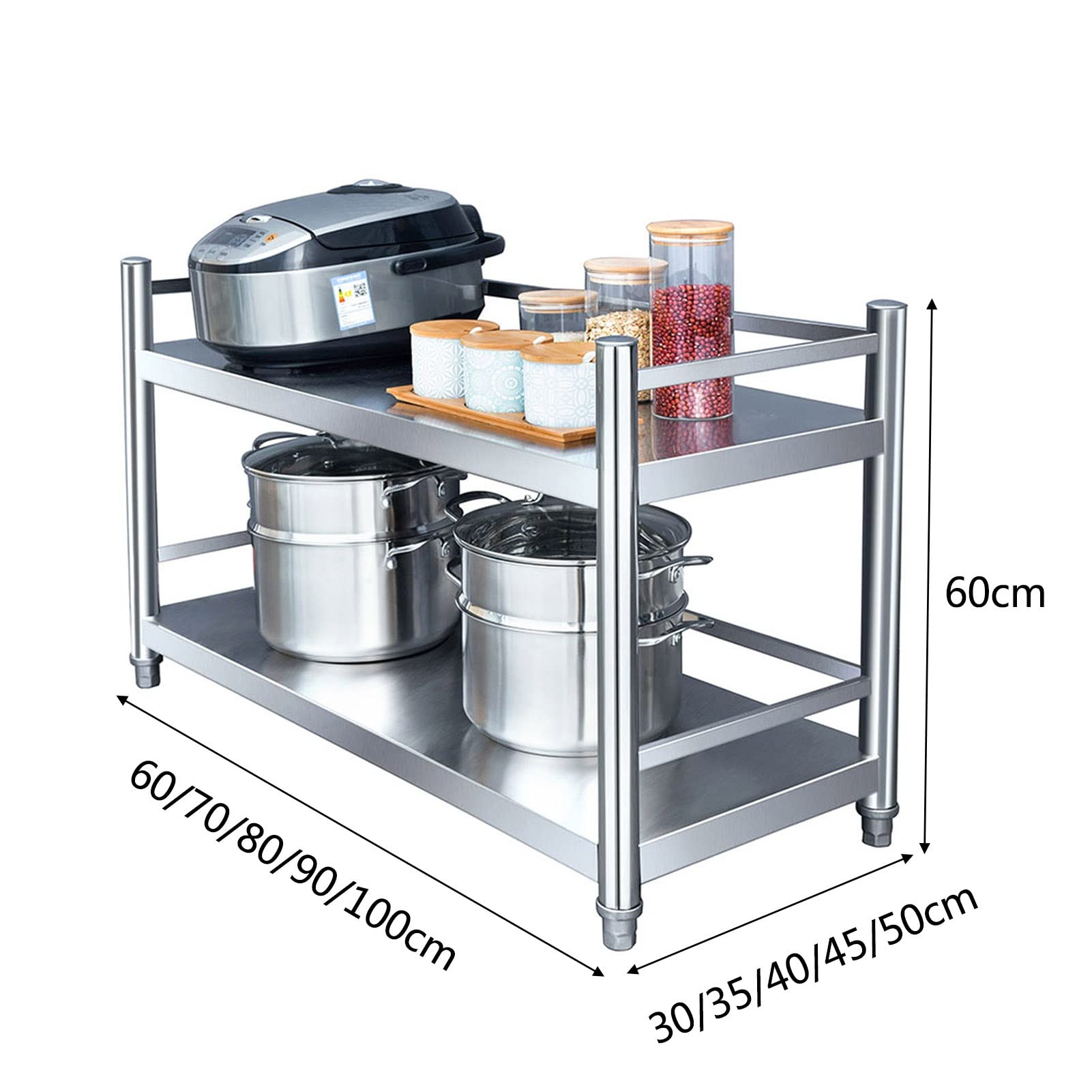 Scaffale da cucina industriale con 2 ripiani in acciaio inossidabile, facile da montare, scaffale in metallo per cucina e garage, argento (70 x 40 x 60 cm)