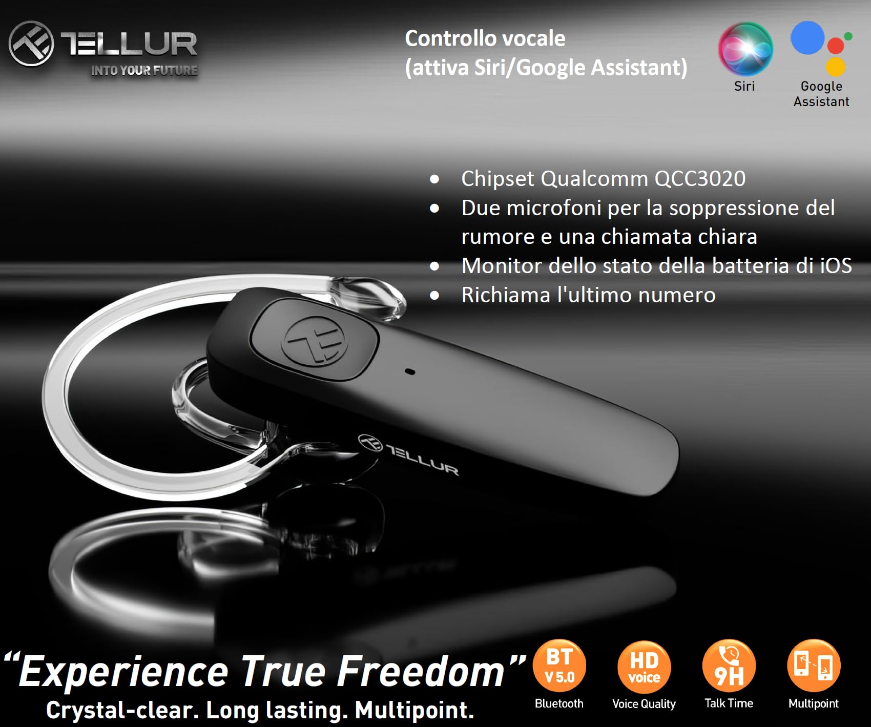 TELLUR VOX 155 Auricolare Bluetooth, Auricolare Vivavoce USB-C, Multipunto Due Dispositivi Simultanei, HD Voice Due Microfoni per la Soppressione del Rumore, Gancio a 360° per Destro o Sinistro