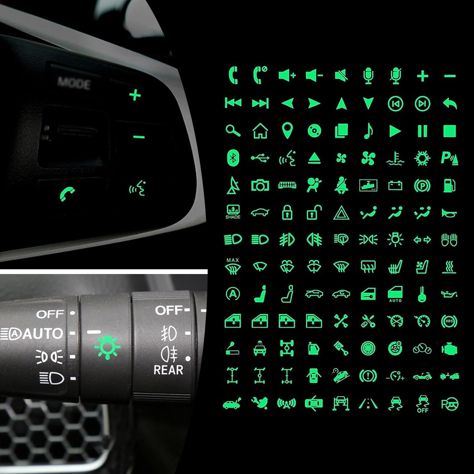 117 PCS Car Buttons Glow-in-The-Dark Stickers, PET Waterproof Wear-Resistant Center Console Switch Decorative Stickers, Circuit Panel Label Accessories, for Most Models (Fluorescence Green)