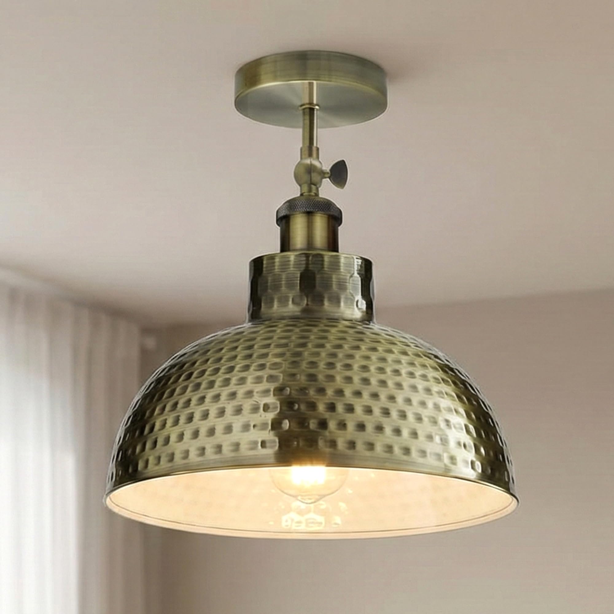 DC VOLTAGE Vintage Green Brass Ceiling Light with Adjustable Arm – Hammered Dome Pendant Fixture, 26cm Industrial Metal Shade, Modern Retro Ceiling Lamp for Kitchen – E27 Bulb Compatible — image 1
