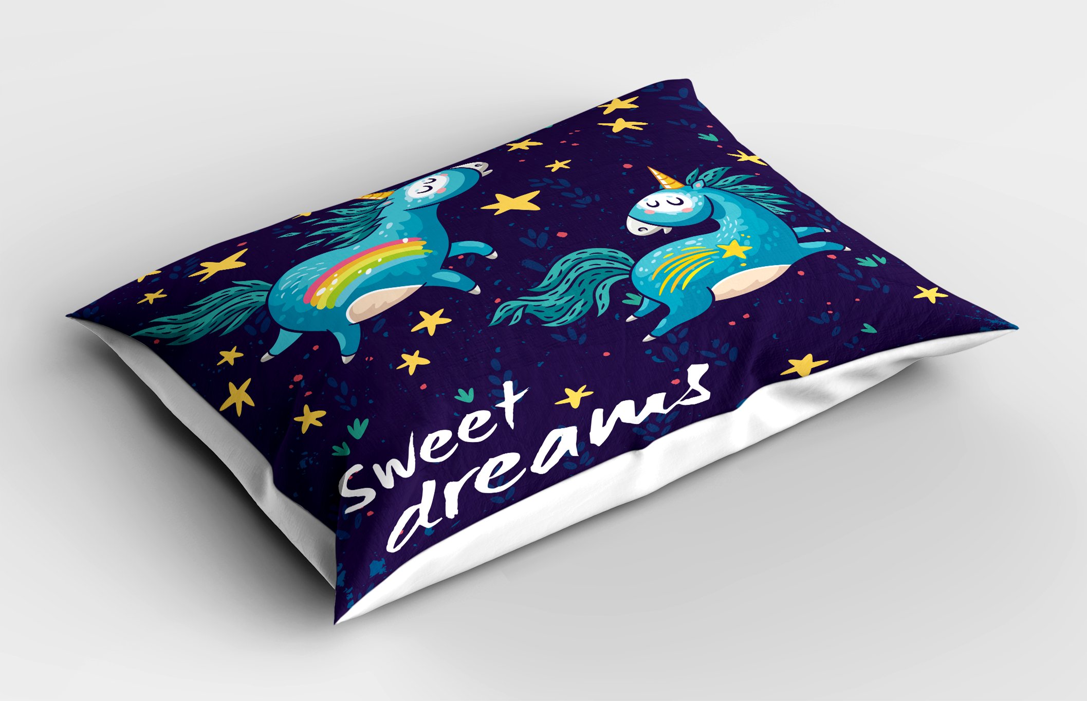 Ambesonne Saying Pillow Sham, 2 Unicorns Flying in Night Sky Childhood Fantasy Themed Cartoon, Decorative Standard Size Printed Pillowcase, 26